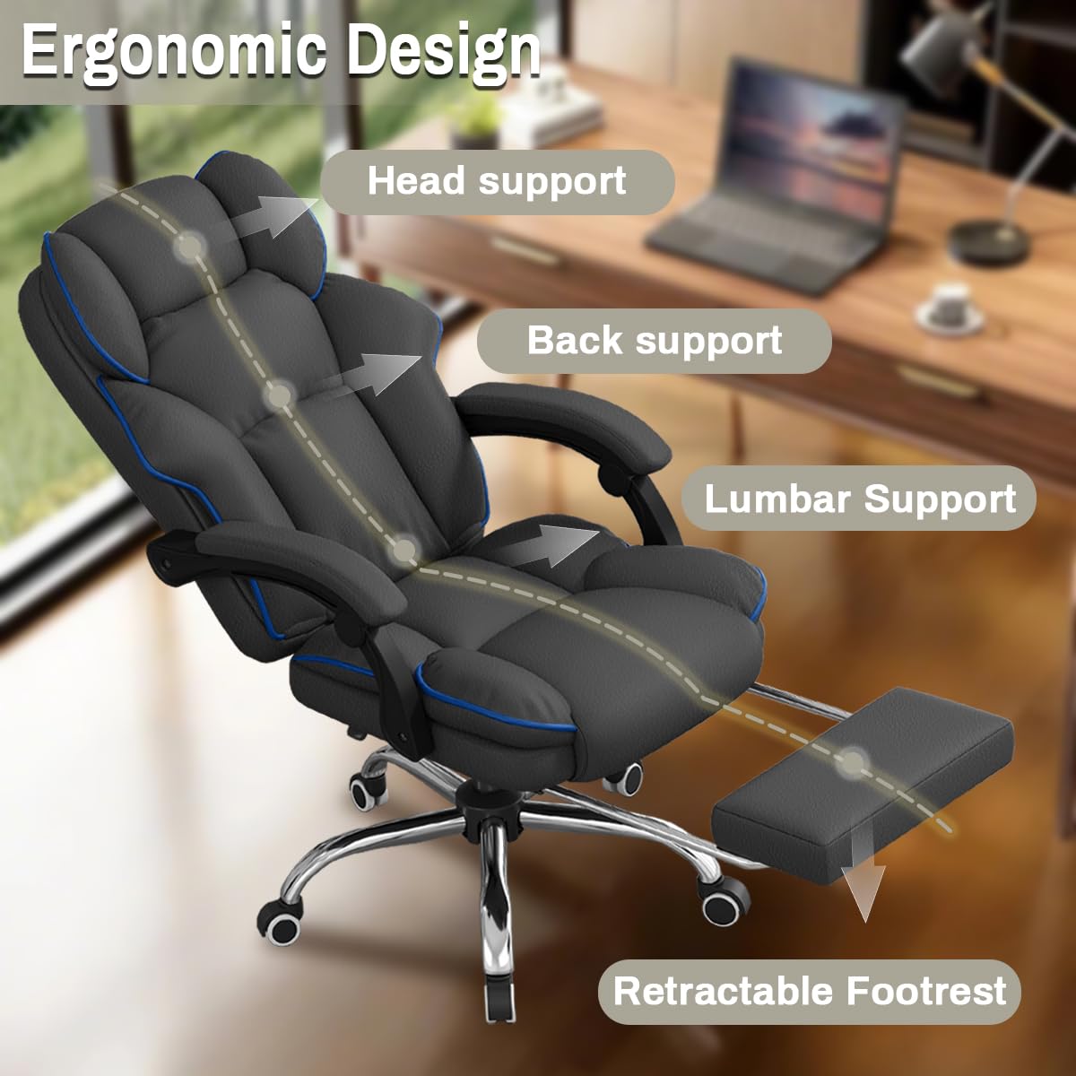 Ergonomic Reclining Office Chair with Footrest - High Back Executive Desk Chair for Gaming & Work, Comfortable Leather Computer Chair with Wheels - Perfect for Home Office, Gaming Setup & Workspaces
