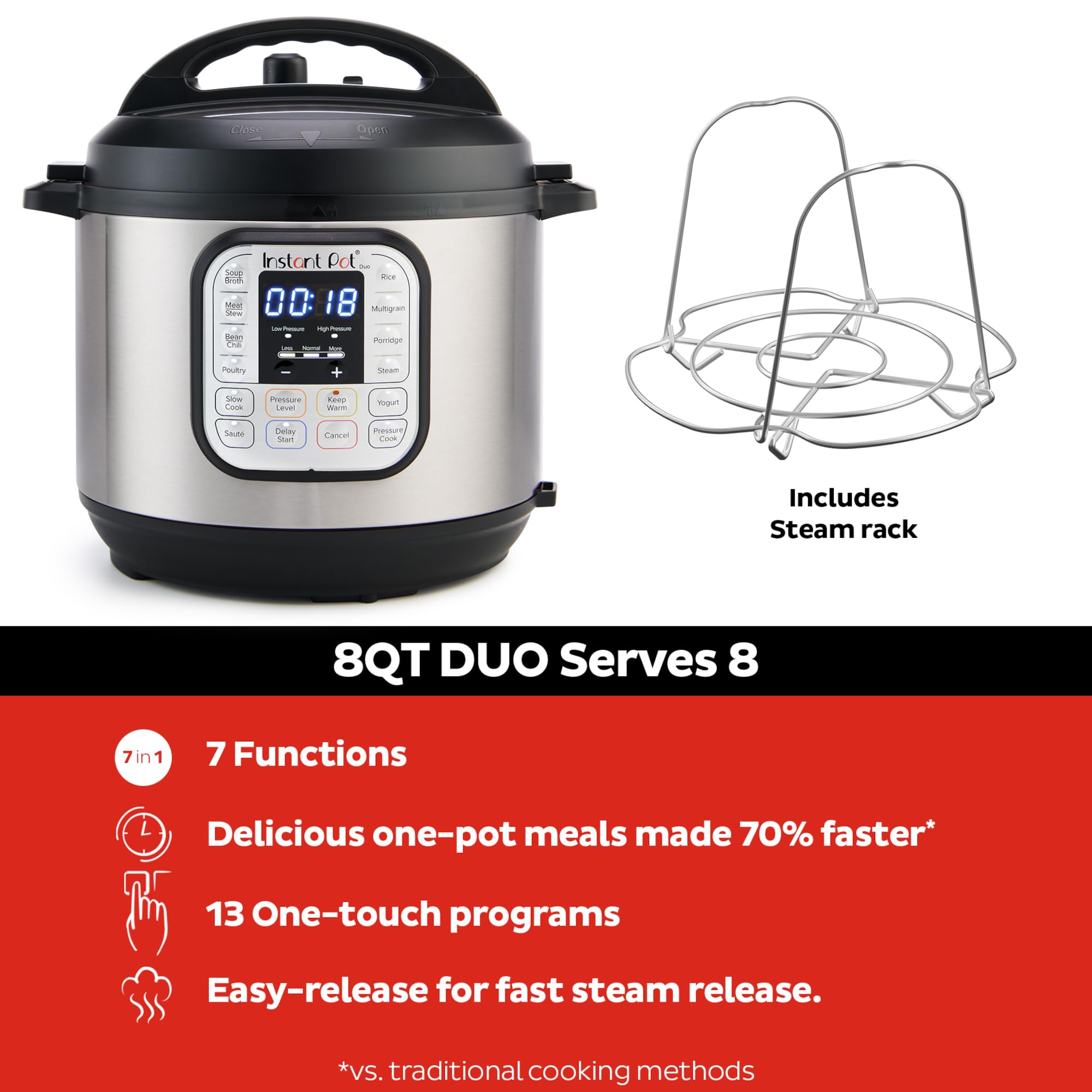 Instant Pot Duo 7-in-1 Electric Pressure Cooker | Slow Cooker, Rice Cooker, Steamer, Sauté Pan, Yogurt Maker & Food Warmer | 8 Quart Stainless Steel | Includes 800+ Recipe App | Perfect for Meal Prep, Family Dinners & Healthy Cooking