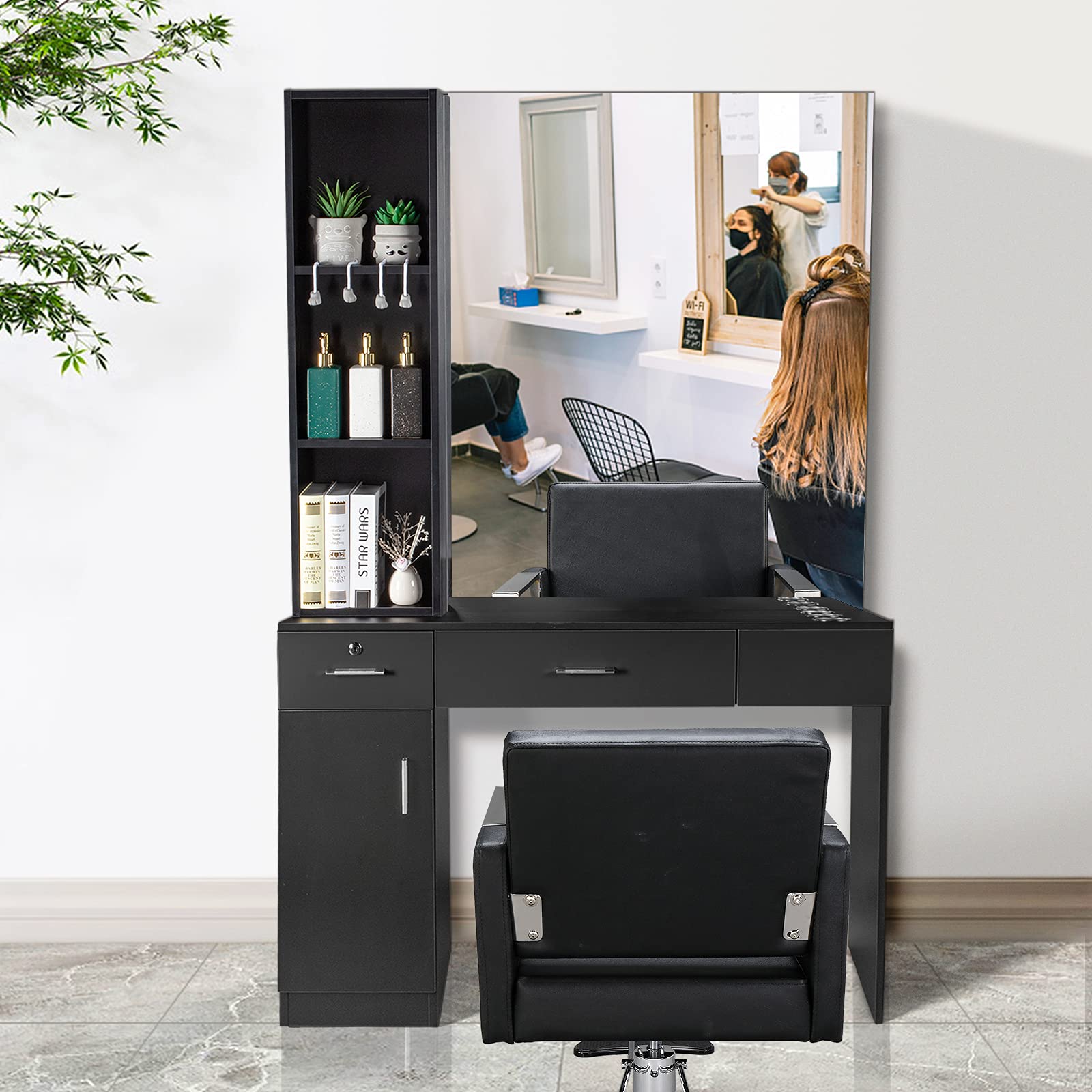 **Mefeir Wall Mount Hair Styling Barber Station with Support Leg & Mirror – Professional Hair Salon Equipment & Spa Furniture Set (Black) – Perfect for Salons, Barbershops & Home Styling**