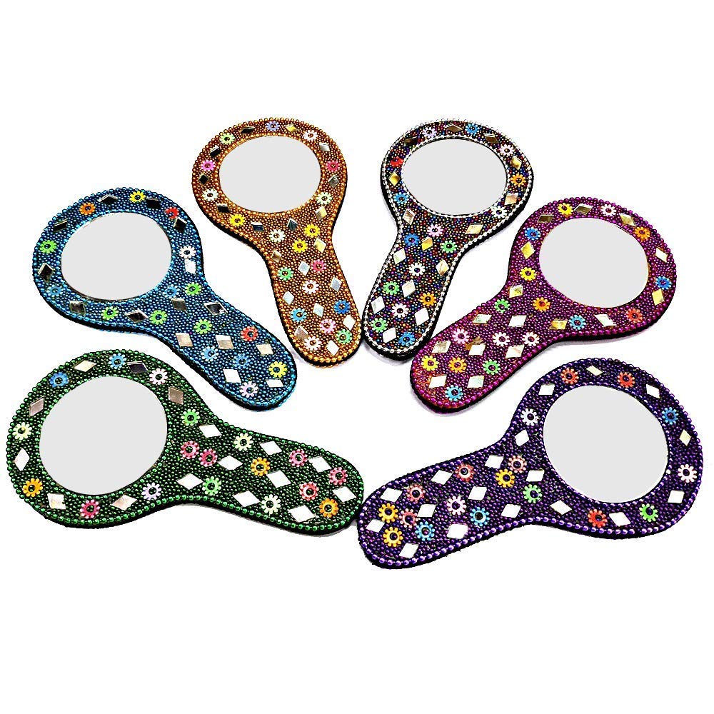 Handcrafted Wooden Multicolor Decorative Pocket Mirror with Handle - Round Makeup Mirror for Women (5-Piece Set) - Perfect for Dresser, Vanity, Travel & Gift Giving