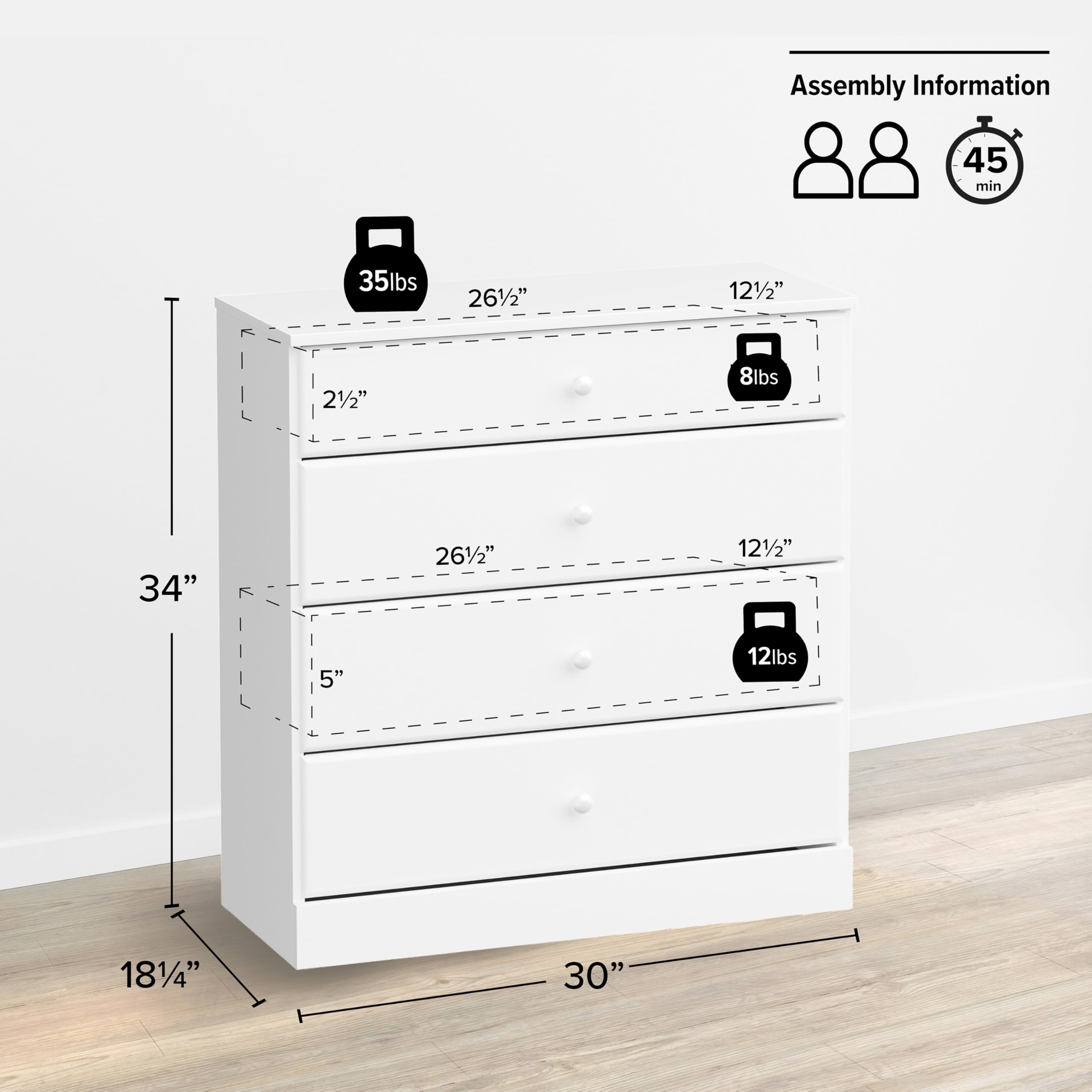 Prepac Astrid 4-Drawer Dresser for Bedroom - White Modern Chest of Drawers 18.25