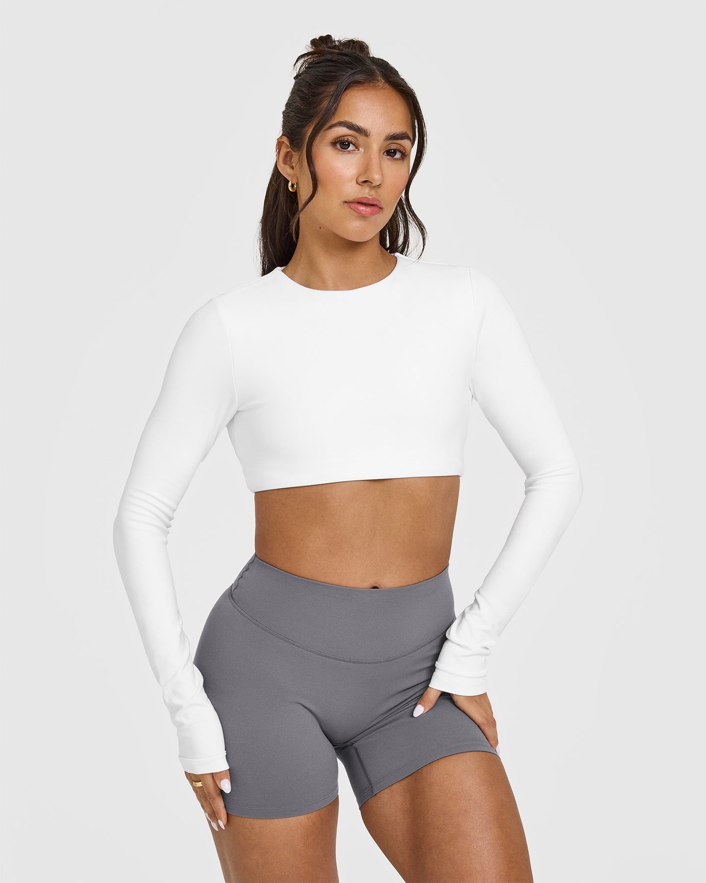 SoftMotion™ Long Sleeve Crop Top for Women - Stretchy Comfort Fit White Shirt | Perfect for Yoga, Workouts & Casual Wear