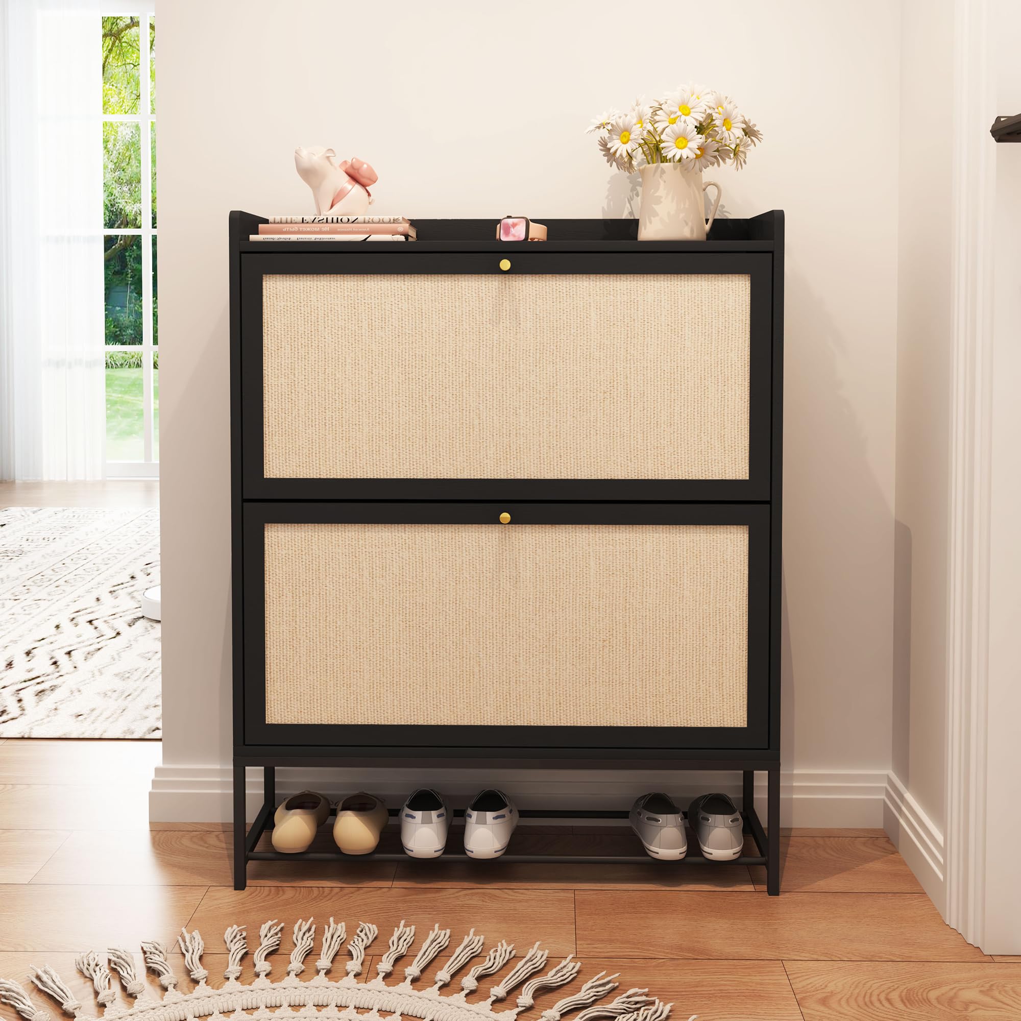 AVZEAR Narrow Shoe Storage Cabinet with 2 Flip Drawers - Freestanding Wooden Closed Shoe Rack Organizer for Entryway, Hallway, Living Room - Space Saving Slim Design (Black) | Perfect for Small Spaces, Apartments & Closet Organization