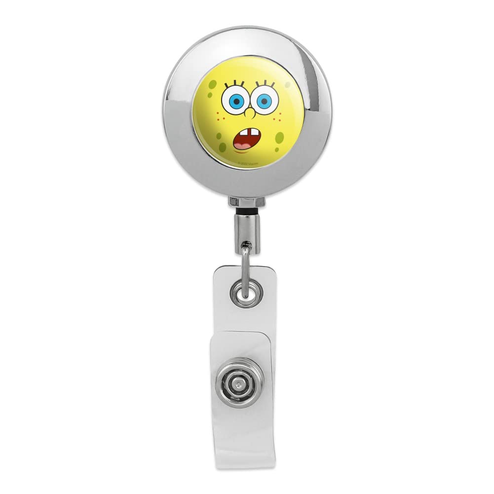 Premium SpongeBob Surprise Face Retractable ID Badge Reel - Metal Chrome Card Holder Clip for Work, School, and Events