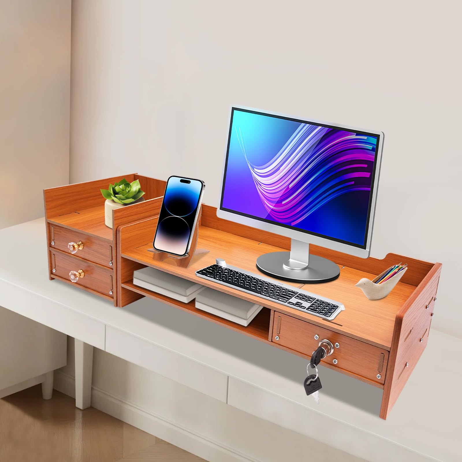 Ergonomic Wooden Monitor Stand with 3 Drawers - Adjustable Desk Riser for Computer Screens, Home Office Storage Shelf & Workspace Organizer - Perfect for Dual Monitor Setup, Gaming & Remote Work Accessories
