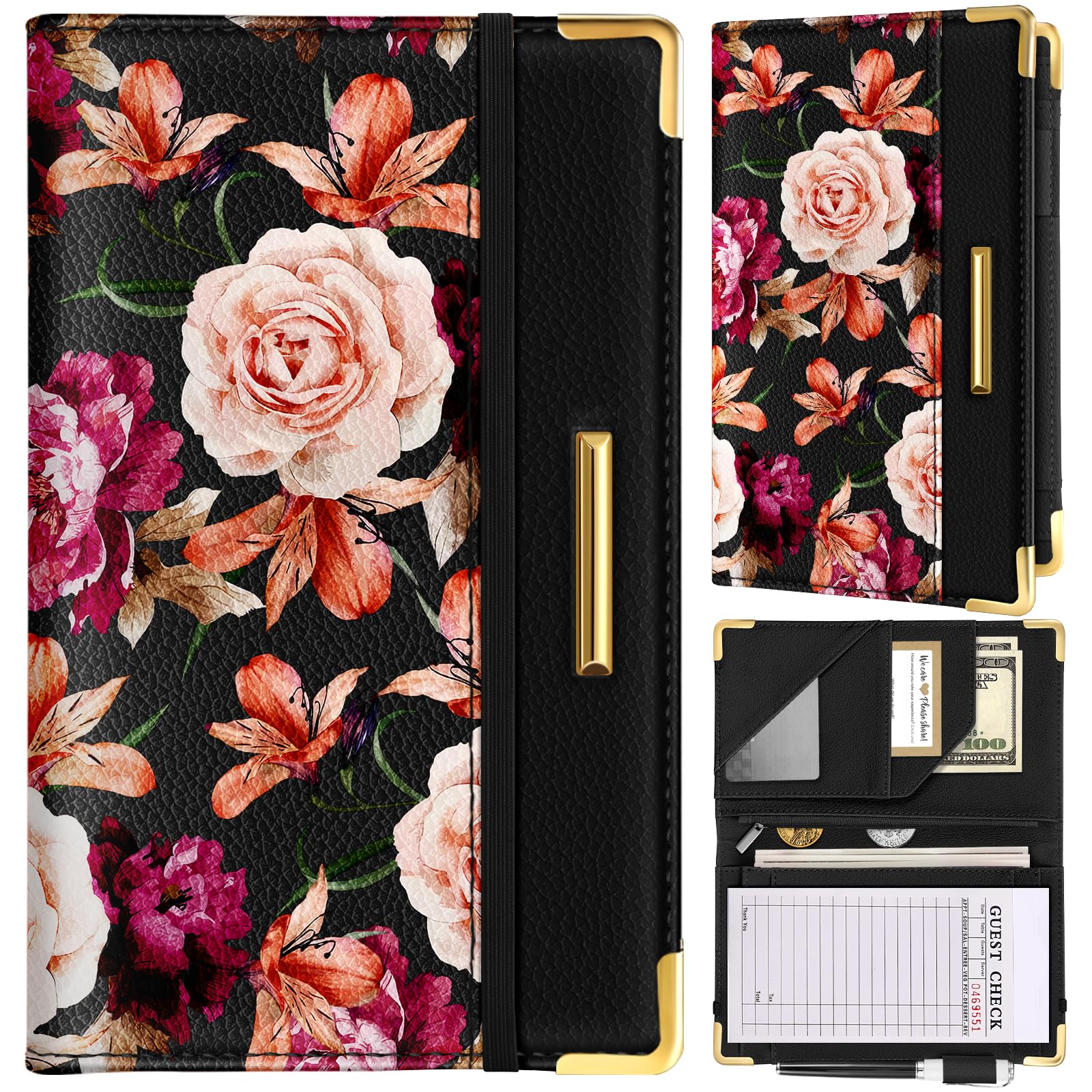 Slohif Leather Server Book for Waitress - Cute Zippered Serving Book with Pocket, Restaurant Waiter Check Organizer & Ticket Holder (Floral Rose Design) - Perfect for Hostess, Food Service, and Hospitality Industry