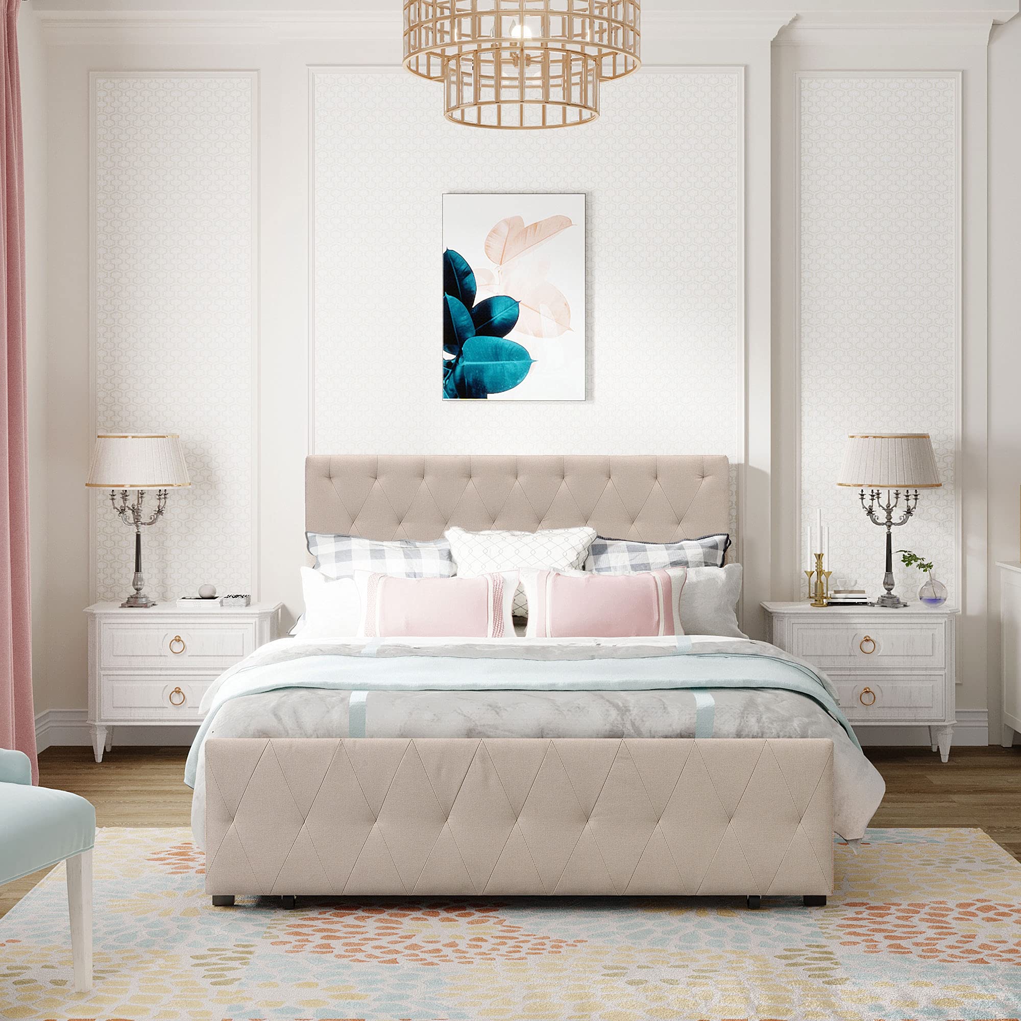 Upholstered Headboard Bed Frame with Storage Drawer - Full Size Metal Platform Bed, Heavy Duty Steel Mattress Foundation, Easy Assembly (Beige) | Perfect for Small Bedrooms, Guest Rooms & Apartments