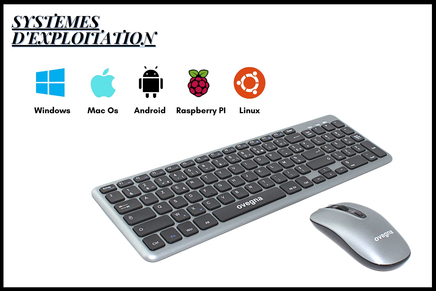Ovegna K22 Wireless Keyboard and Mouse Combo, 2.4Ghz AZERTY Layout for PC, Mac, Smart TV, Raspberry Pi, Laptop, Android Box - Compatible with Windows, Linux, macOS, Android - Perfect for Home Office, Gaming & Media Center Setup