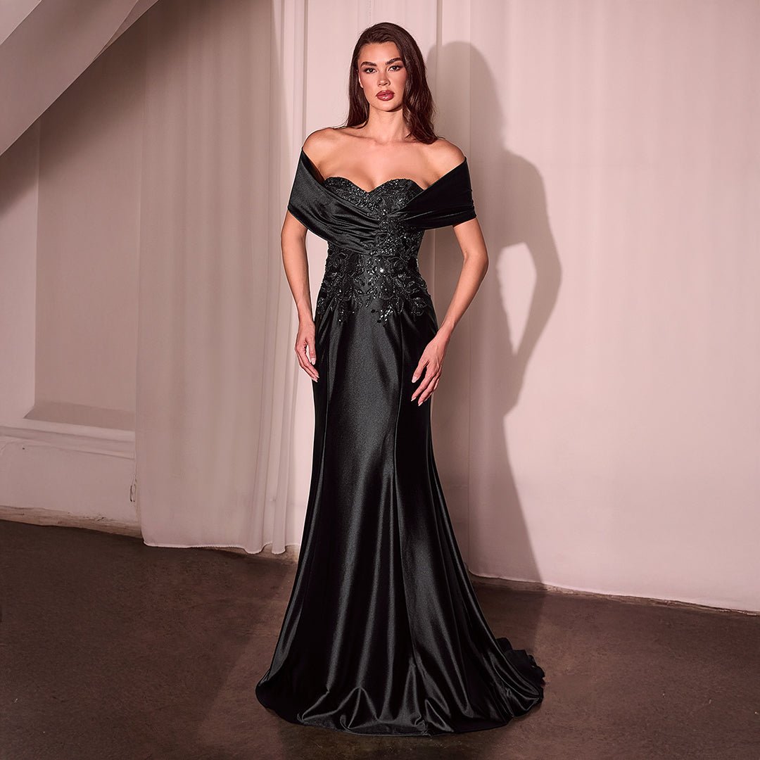 Ladivine by Cinderella Divine Black Satin Off Shoulder Mermaid Prom Dress for Homecoming, Evening Gala & Special Occasions