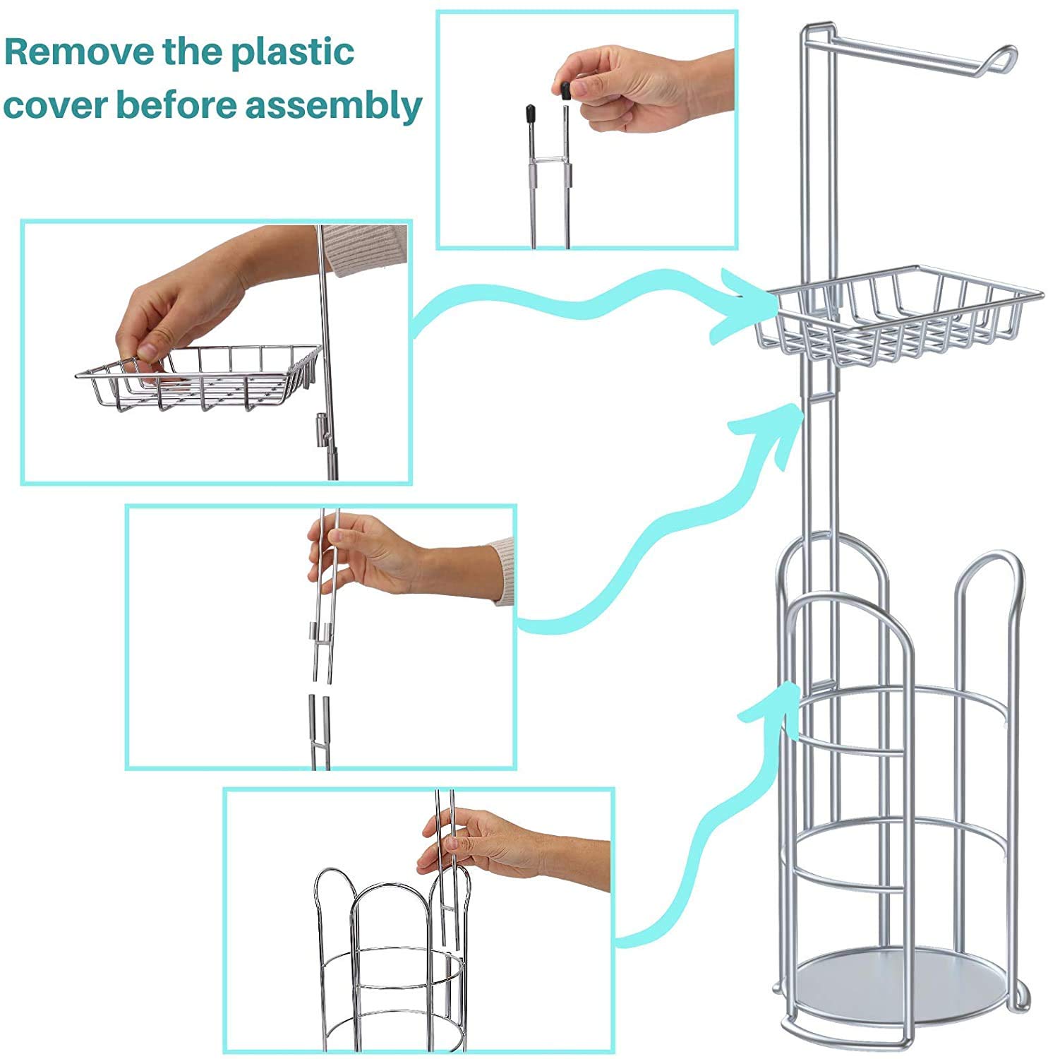 TreeLen Chrome Freestanding Toilet Paper Roll Holder with Shelf - Modern Metal Bathroom Tissue Storage Organizer for Bathroom, Kitchen, RV & Office Use