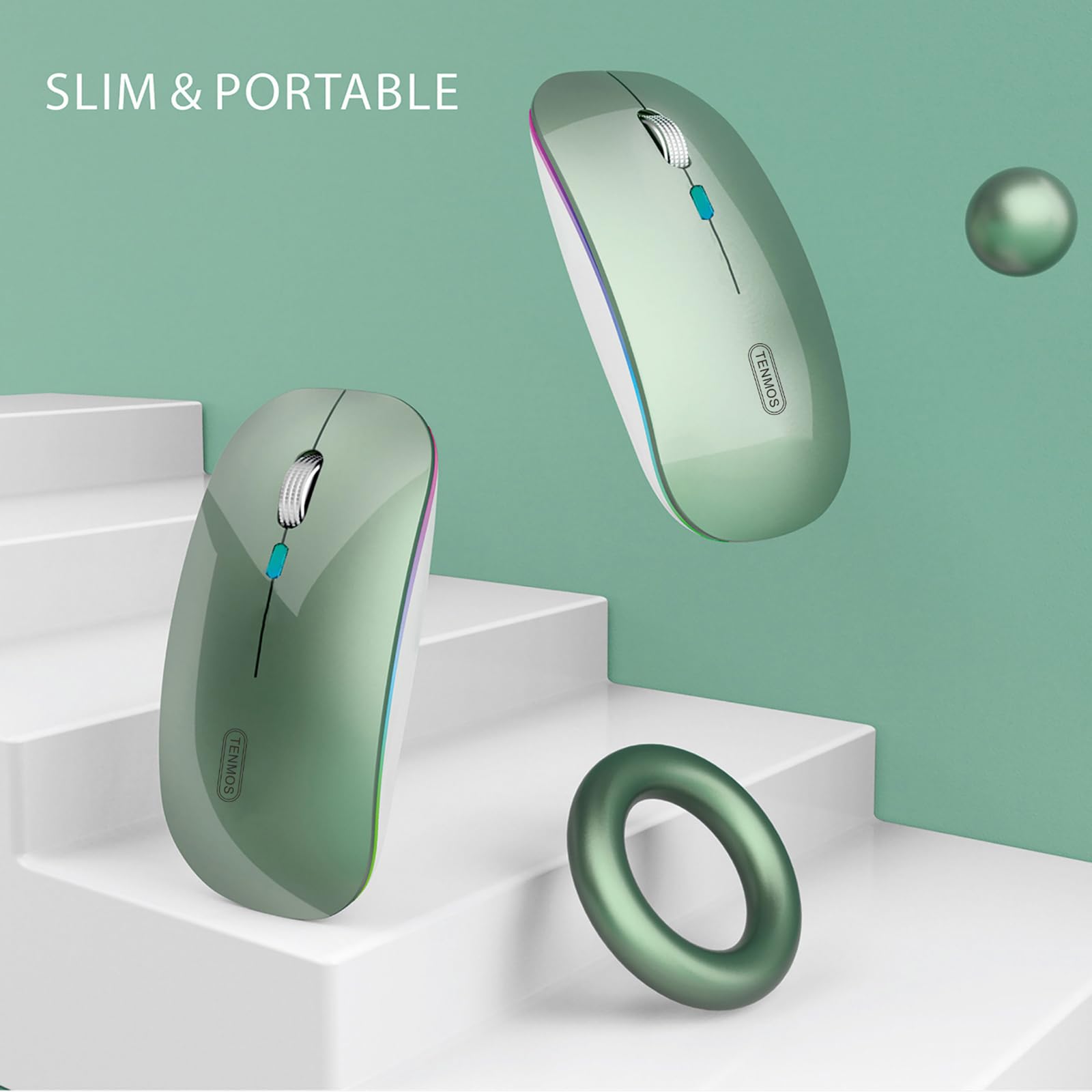 TENMOS Wireless Bluetooth Mouse - Slim Rechargeable Silent Mouse with LED, Bluetooth 5.1 & 2.4GHz USB for Laptop, MacBook, iPad (OS 13+) - Blackish Green - Perfect for Office, Home & Travel Use