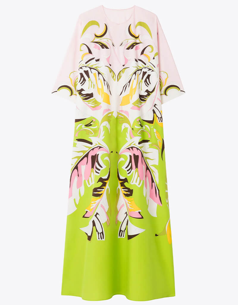 Luxury Beige & Green Crepe Kaftan Dress - Elegant Flowy Maxi Kaftan for Women - Perfect for Beach Cover Up, Resort Wear & Summer Vacation Outfits