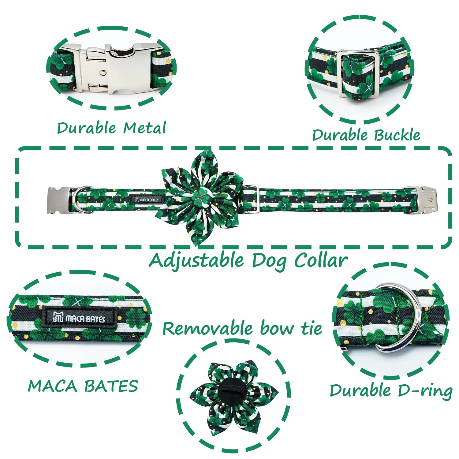 Adjustable St. Patrick's Day Dog Collar with Floral Bow Tie - Irish Clover Shamrock Design for Small, Medium & Large Dogs - Soft & Comfortable for Puppies (Black & White) | Perfect for Spring Festivals, Pet Parades & St. Patrick's Day Celebrations