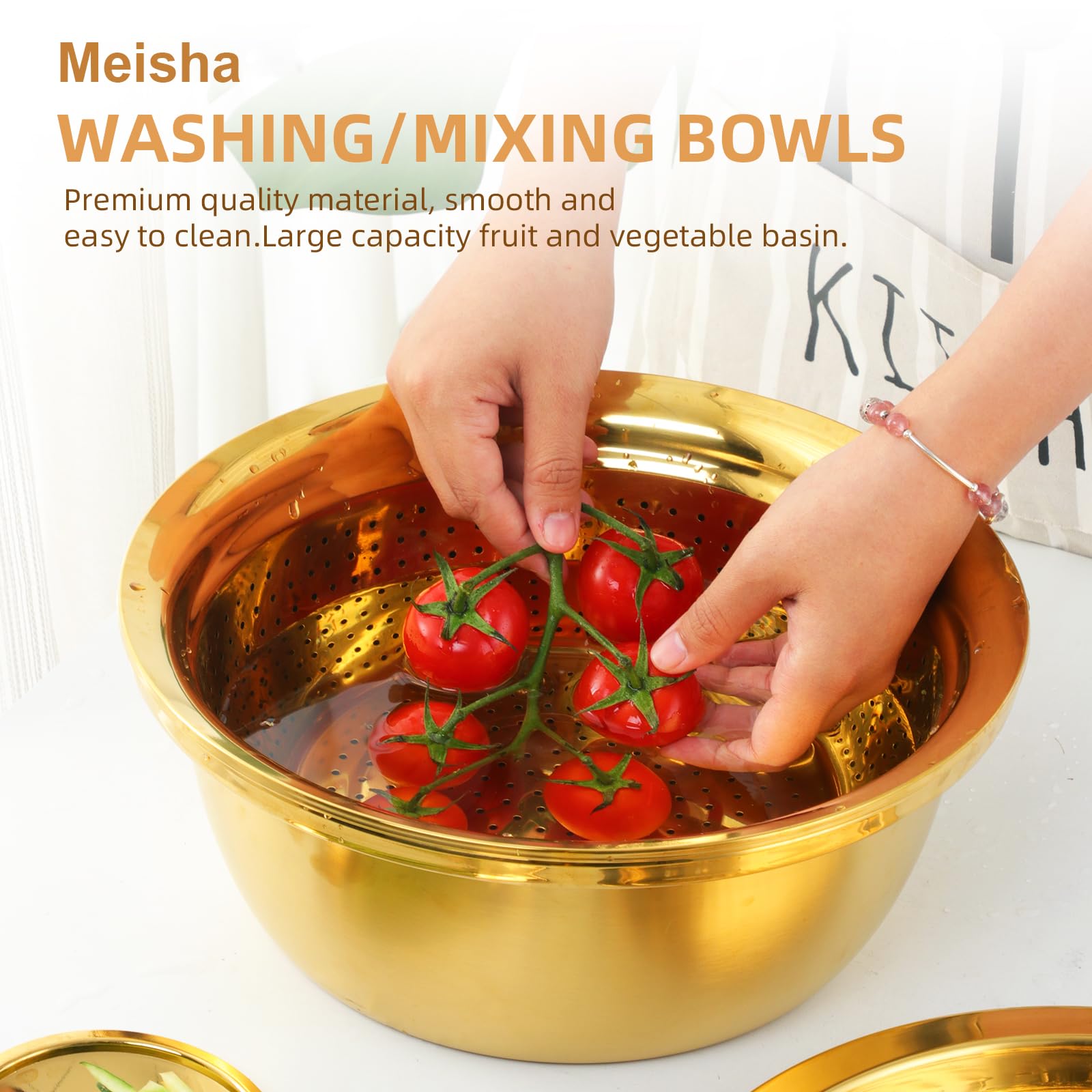 3Pcs Stainless Steel Colander Set - 3-in-1 Strainer Bowl, Vegetable Cutter & Drain Basket for Washing Fruits, Vegetables, Rice - Gold Kitchen Tool (Perfect for Salad Prep, Pasta Draining & Mixing Ingredients)