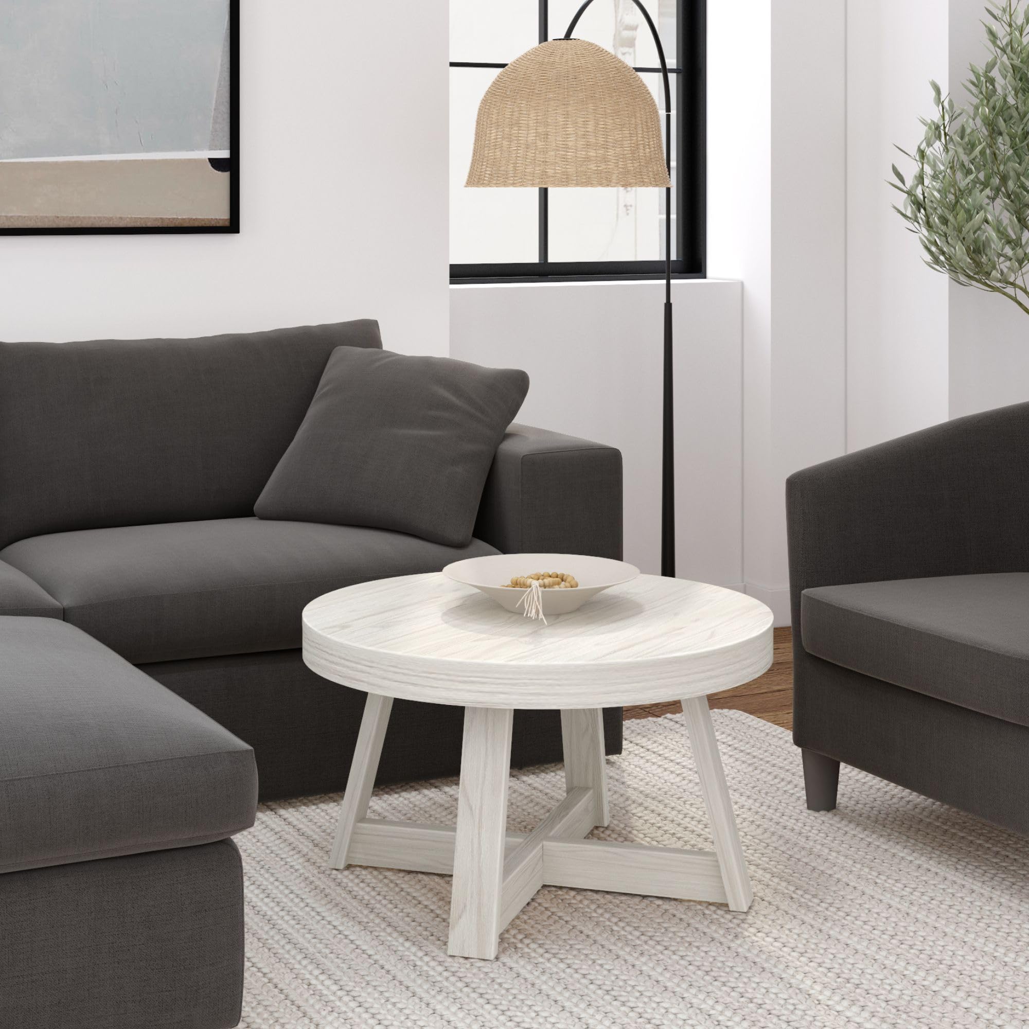 Plank+Beam 30 Inch Round Farmhouse Coffee Table - Classic White Sand Wirebrush Finish, Small Space Living Room Center Table for Apartments, Dorms & Cozy Homes | Perfect for Coffee, Books & Decor Display
