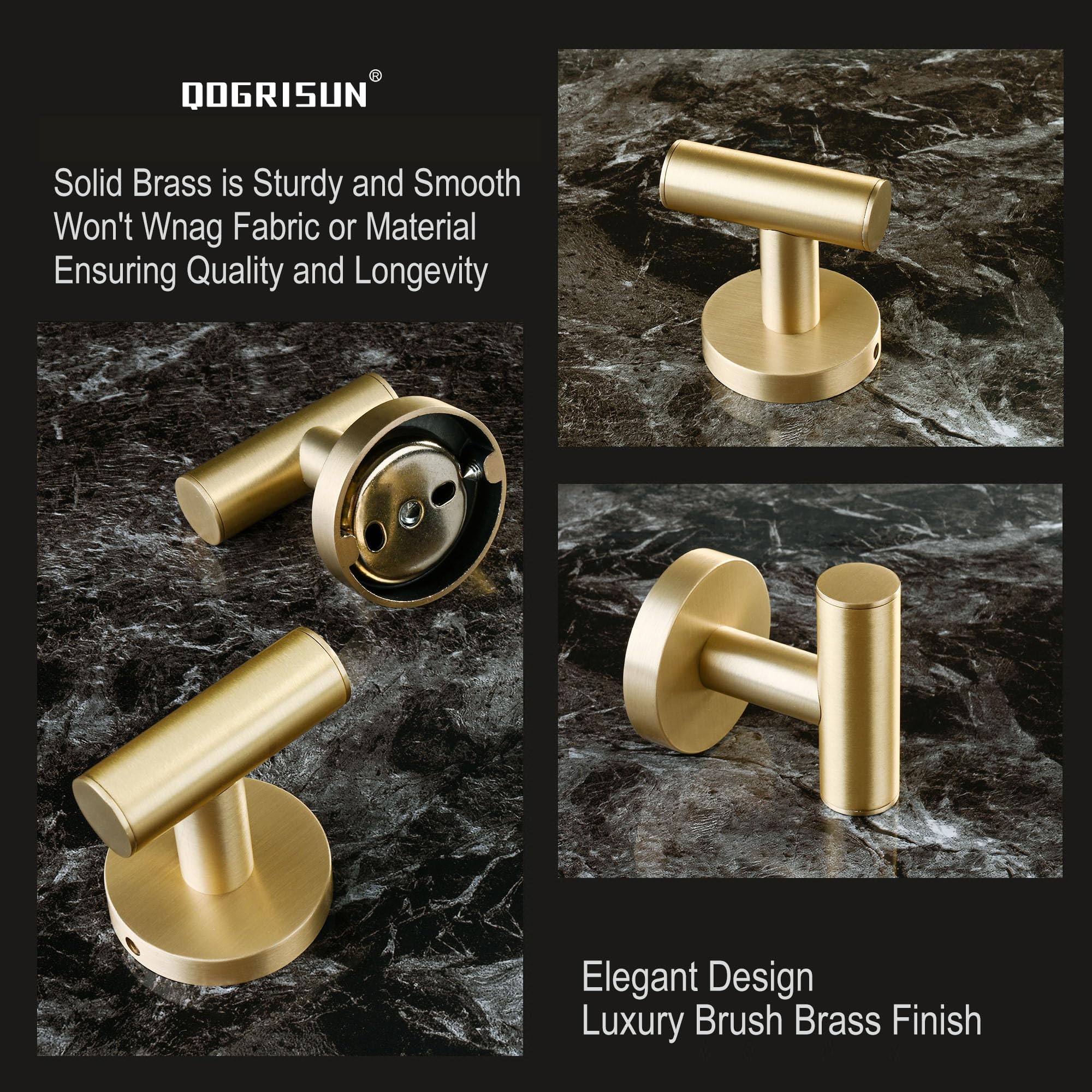 QOGRISUN Heavy Duty Brass Towel Hook - Gold Wall Mounted Coat Hook for Bathroom, Bedroom & Entryway - Modern Brushed Brass Door Hanger for Towels, Robes & Clothes (1 Pack) - Perfect for Spa, Hotel & Home Decor