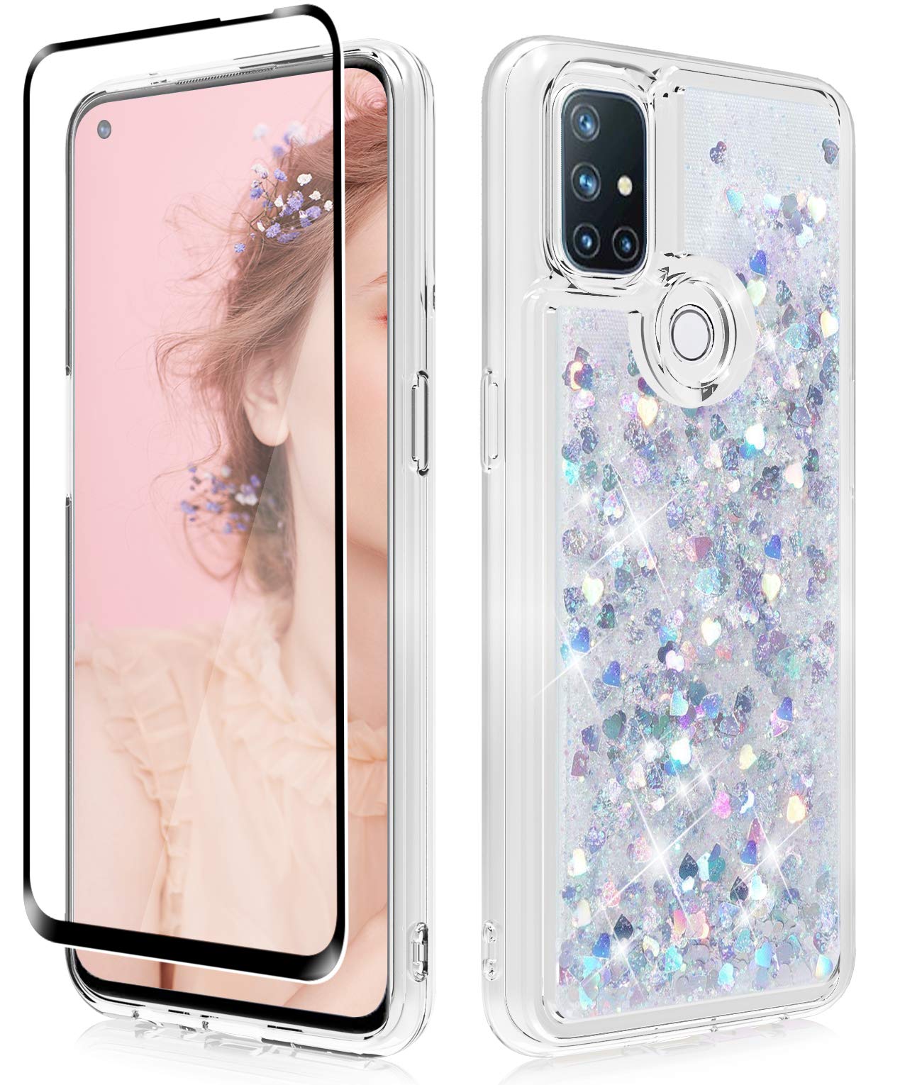 OnePlus Nord N10 5G Case with Tempered Glass Screen Protector - Cute Glitter Quicksand TPU Clear Phone Cover for Women & Girls (Silver) | Shockproof Protection for Everyday Use & Special Occasions