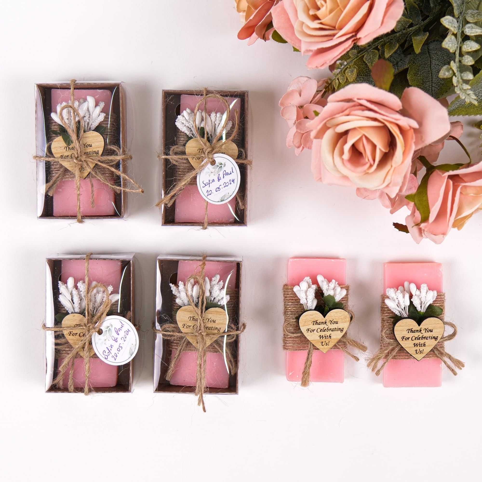 HTF Pack of 10 Handmade Rose Scented Mini Soap Wedding Gifts - Bridesmaid Gifts, Bridal Shower Favors, Engagement Party Favors, Wedding Decorations - Perfect for Guest Favors, Wedding Party Gifts & Romantic Home Decor (Pink)