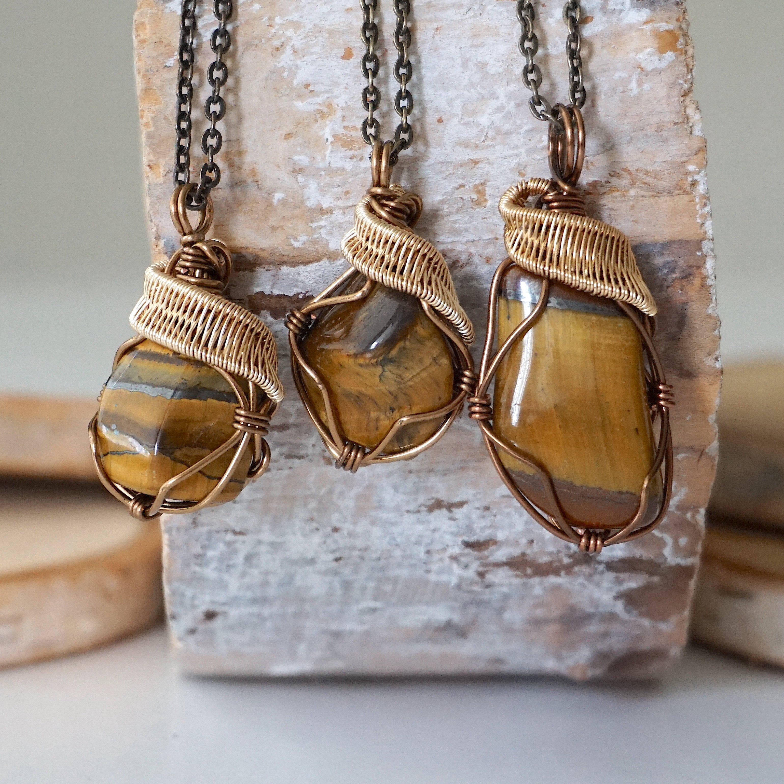 Handmade Wire Wrapped Raw Tiger's Eye Pendant Necklace - Antique Bronze & Gold Plated Jewelry for Women - Perfect for Boho Style, Spiritual Healing & Everyday Wear