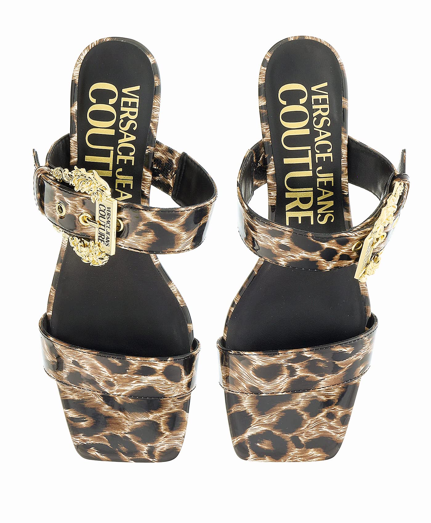 Versace Jeans Couture Women's Beige & Black Baroque Print Kitten Heel Mule Sandals - Perfect for Date Nights & Summer Parties