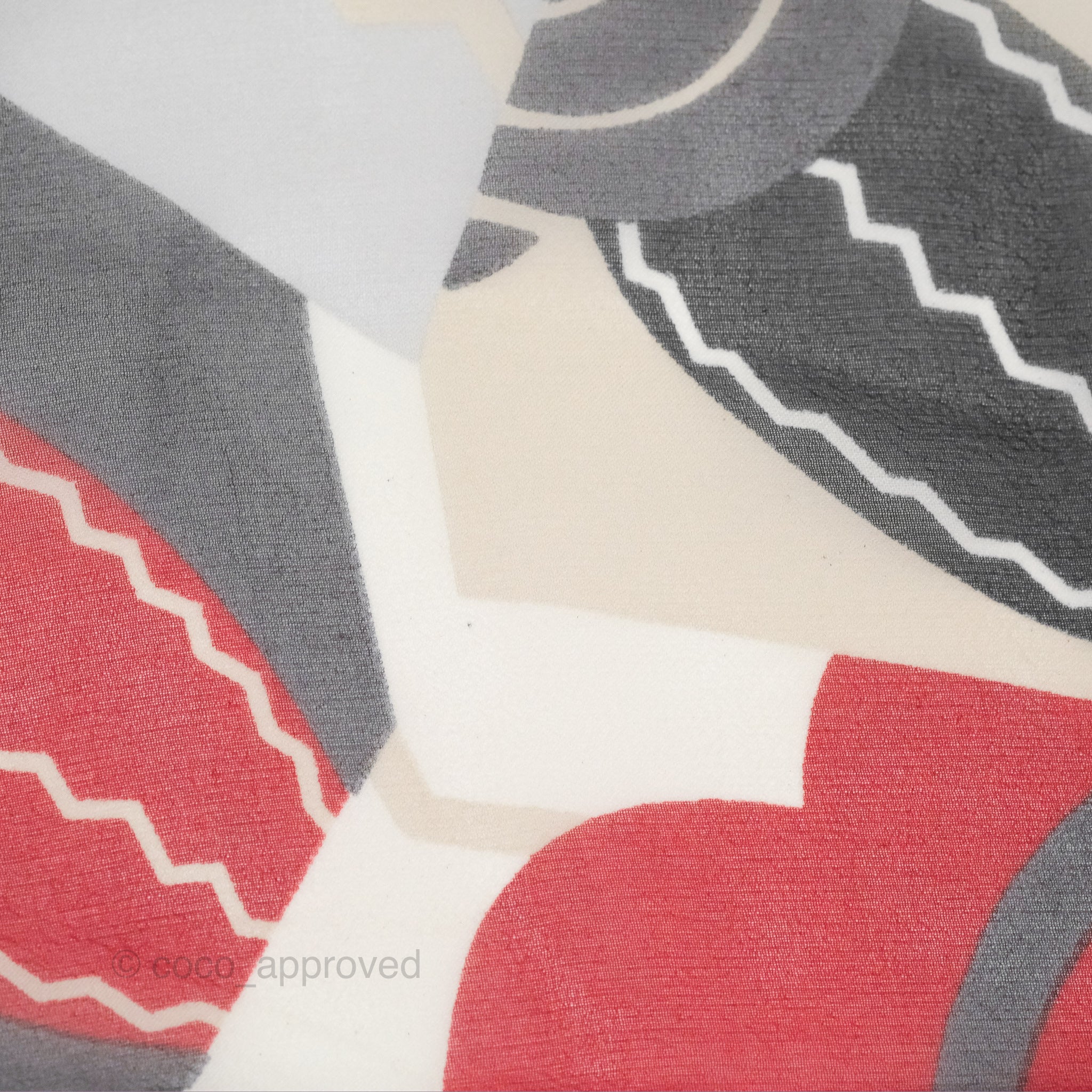 Chanel CC Silk Square Scarf 90 - Elegant Grey Red White Pattern - Luxury Fashion Accessory for Women - Perfect for Gifts, Parties, and Everyday Style
