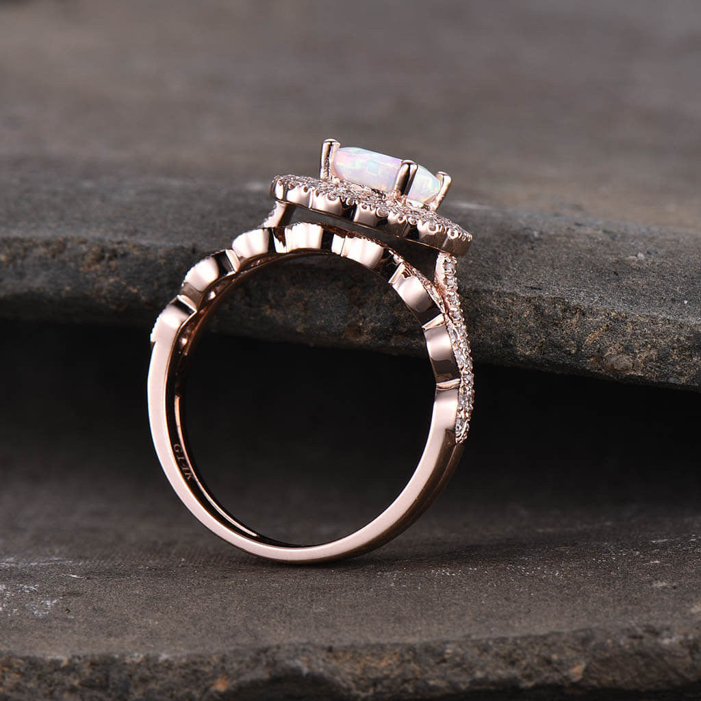 Opal Engagement Ring Set for Women - 14K Rose Gold Vintage Bridal Ring with Filigree & Milgrain Details | Perfect for Proposals, Weddings & Anniversary Gifts