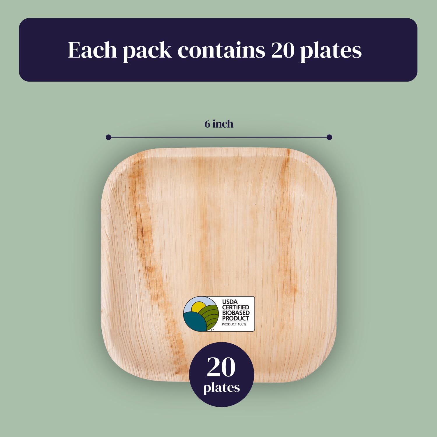 Eco-Friendly 6 Inch Square Palm Leaf Plates - 20 Pack | Biodegradable & Compostable Disposable Bamboo Plates | Premium Sturdy Wood-Style Dessert Plates for Parties, Picnics, Weddings & Sustainable Dining