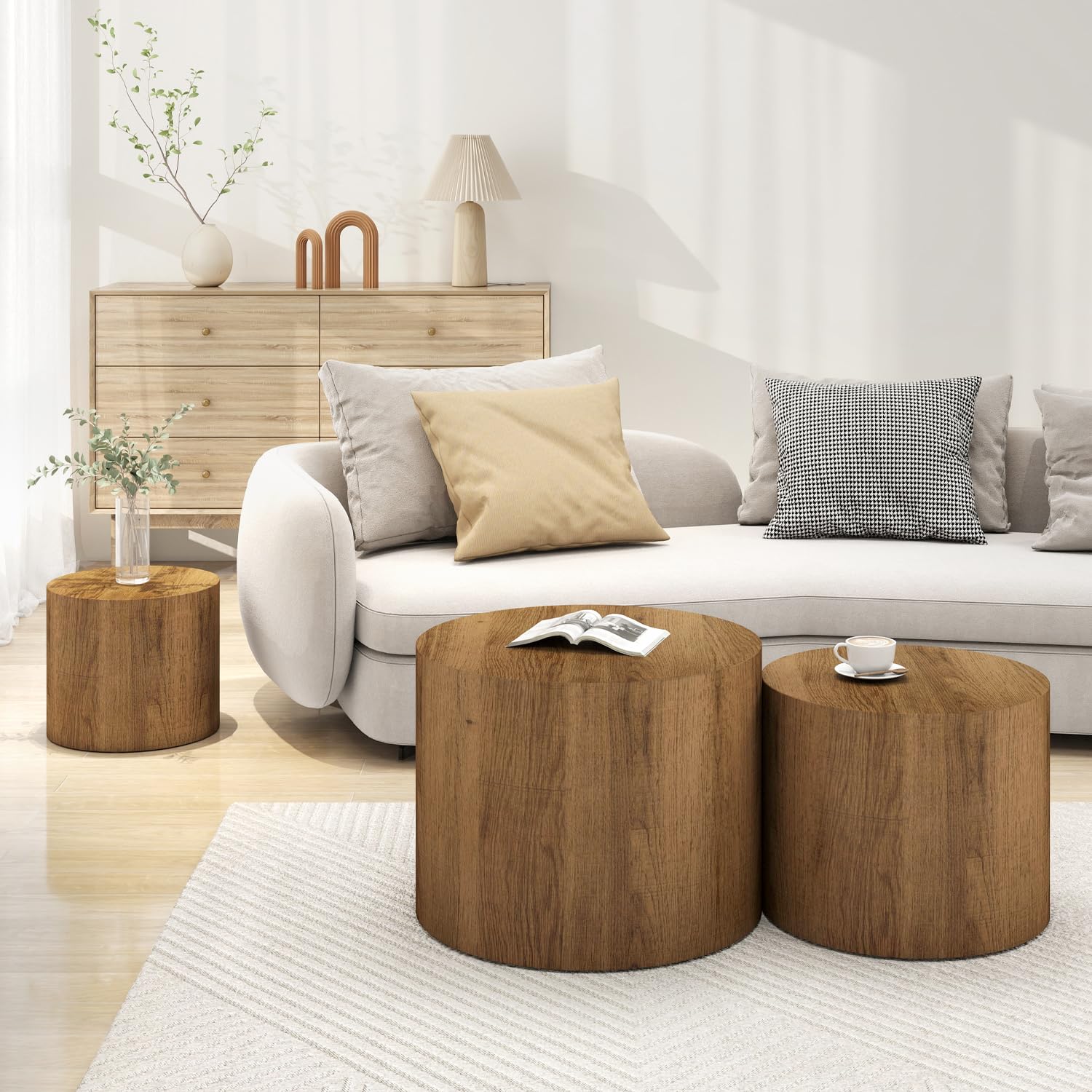 Vikiullf 3-Piece Round Wooden Nesting Coffee Table Set - Modern Space-Saving Design for Living Room, Bedroom & Office - No Assembly Required Accent Side Tables & End Tables - Perfect for Small Spaces, Apartments & Home Decor