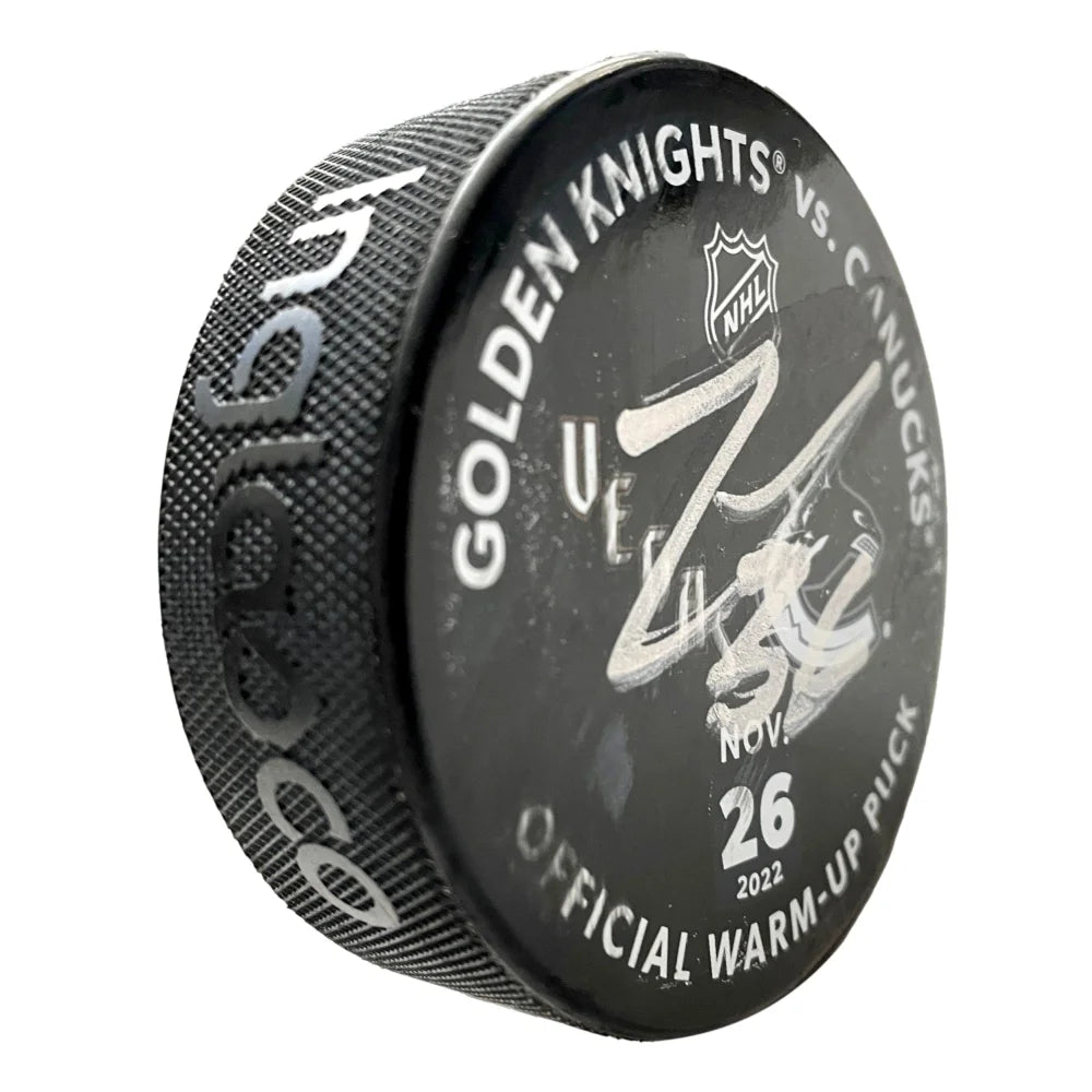 Logan Thompson Autographed Vegas Golden Knights Retro Hockey Puck - Glow in the Dark Collectible - Game Used 11/26/22 with COA IGM - Perfect for NHL Fans, Sports Memorabilia Collectors & Home Decor