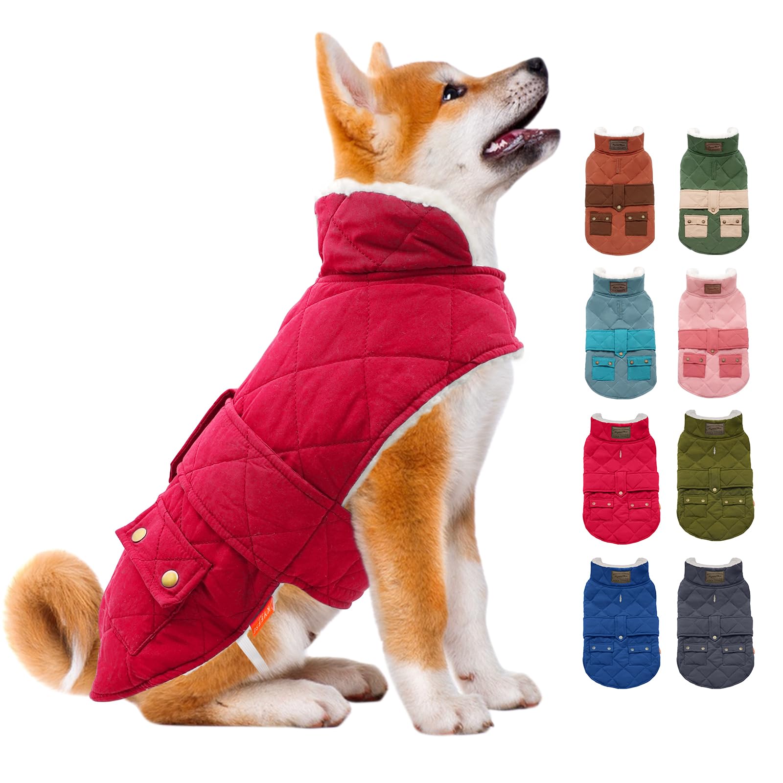 KYEESE Warm Windproof Dog Jacket with Sherpa Lining & Furry Collar - Winter Coats for Small Dogs, Red - Perfect for Cold Weather Walks & Outdoor Adventures