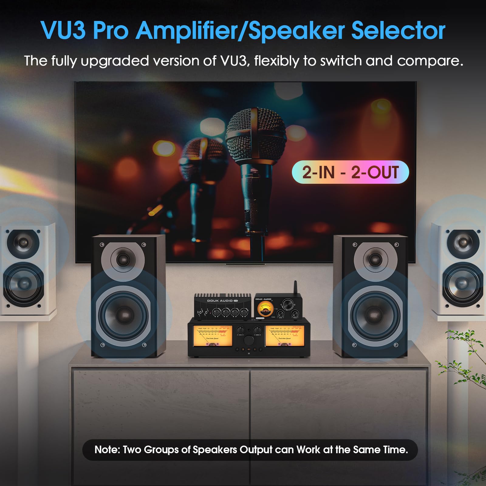 Douk Audio VU3 PRO Dual Analog VU Meter & 2-Way Amplifier Switch - 2-IN-2-OUT Speaker Selector with DB Panel Display for Home Stereo & Professional Audio Systems