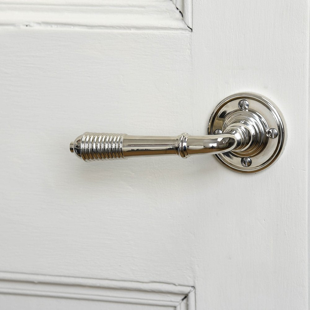Polished Nickel Reeded Lever Door Handles with Rose Backplate - Modern Cabinet & Interior Door Hardware for Home & Office