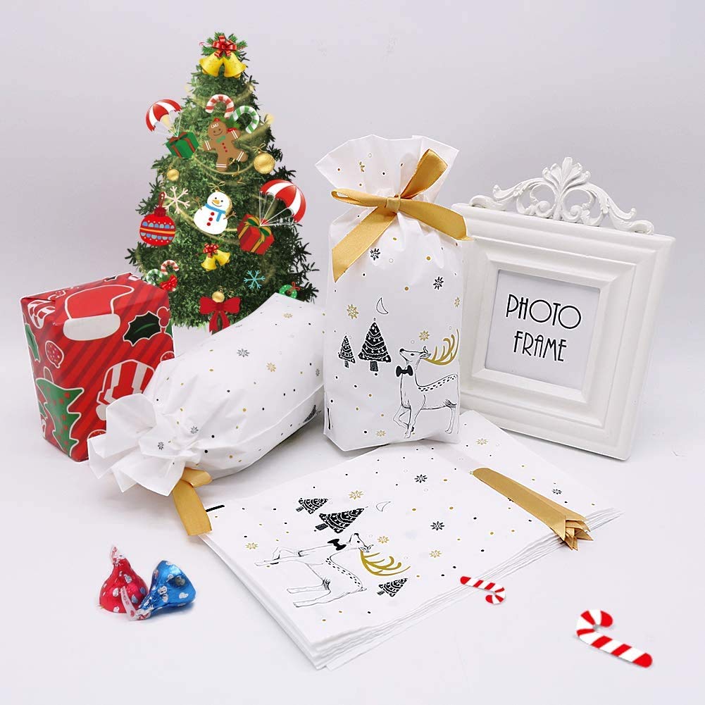 50pcs Plastic Treat Bags with Bows | Drawstring Gift Bags for Candy, Cookies & Party Favors | Christmas Goodie Bags (14.7x23.5x6cm) - Perfect for Holiday Gifting, Birthday Parties & Wedding Favors
