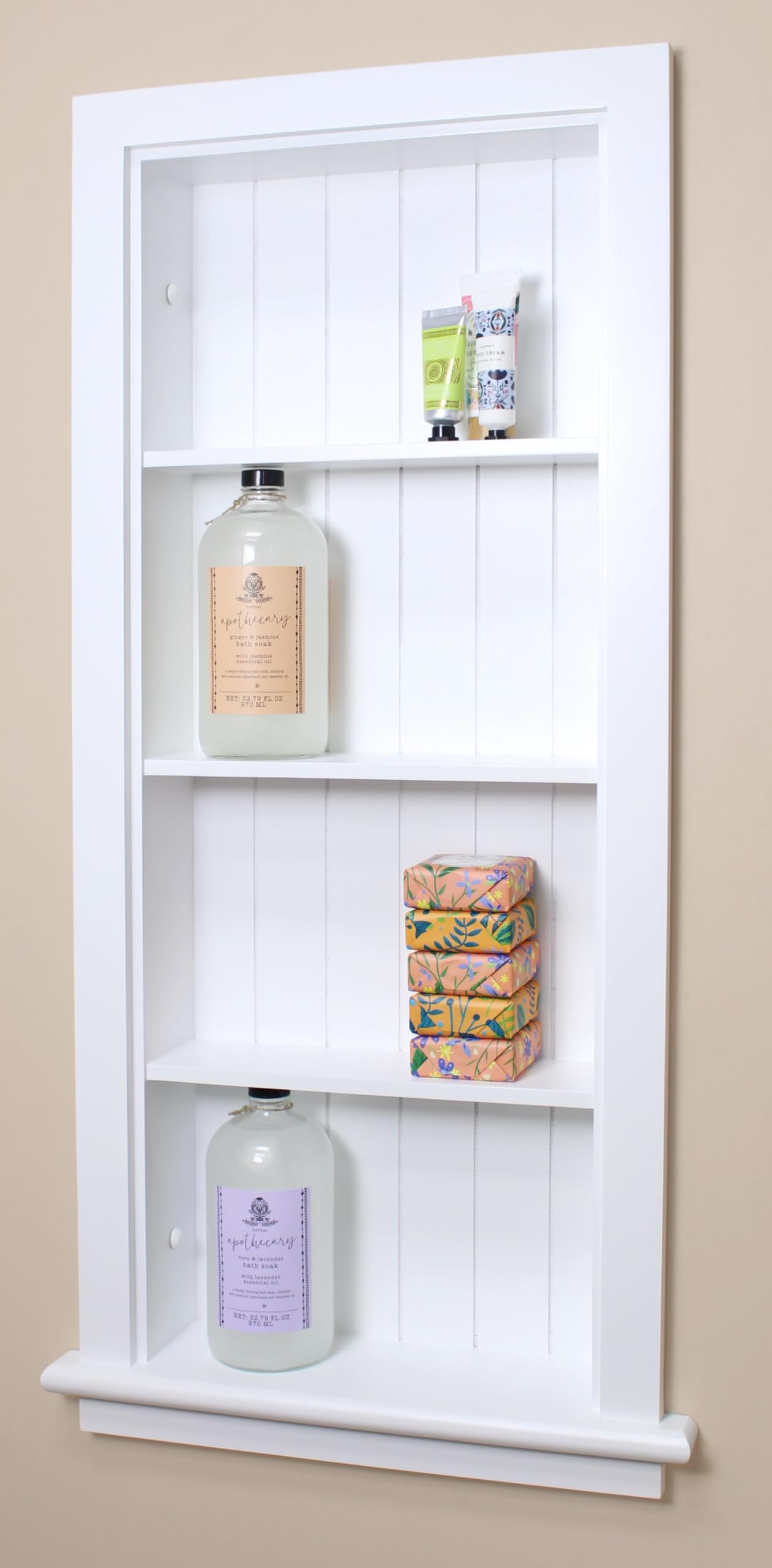 Fox Hollow Furnishings 14x36 Aiden Recessed Wall Niche Medicine Cabinet - Solid Wood Bathroom Storage Shelf with Beadboard Design, White - Made in USA - Perfect for Bathroom Organization & Small Space Storage