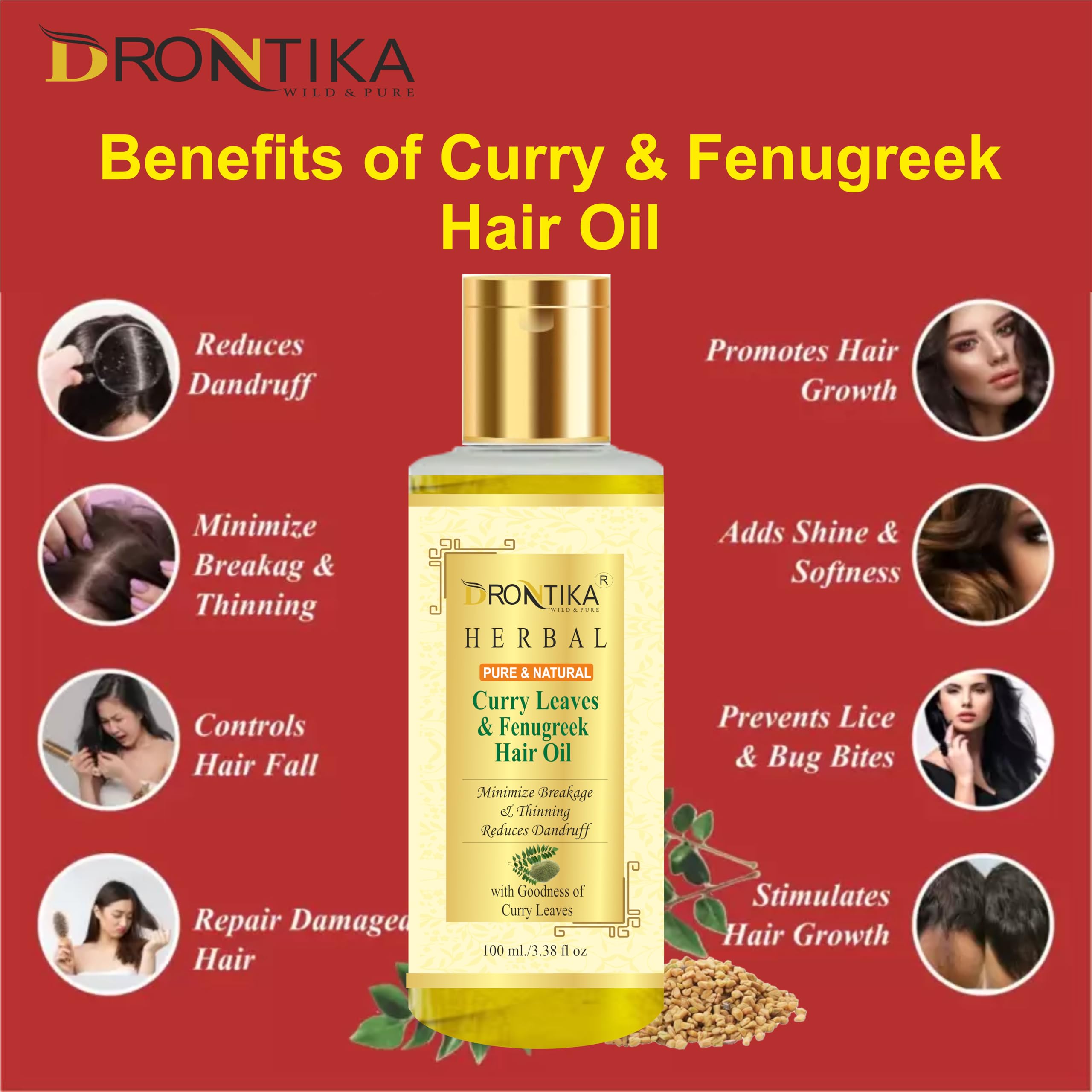 Drontika 100% Pure & Natural Red Onion Oil, Curry Leaves & Fenugreek Oil, Kalonji Oil - Hair Growth Treatment Pack of 3 (300ml) for Thicker, Longer & Healthier Hair - Perfect for Daily Hair Care & Scalp Nourishment