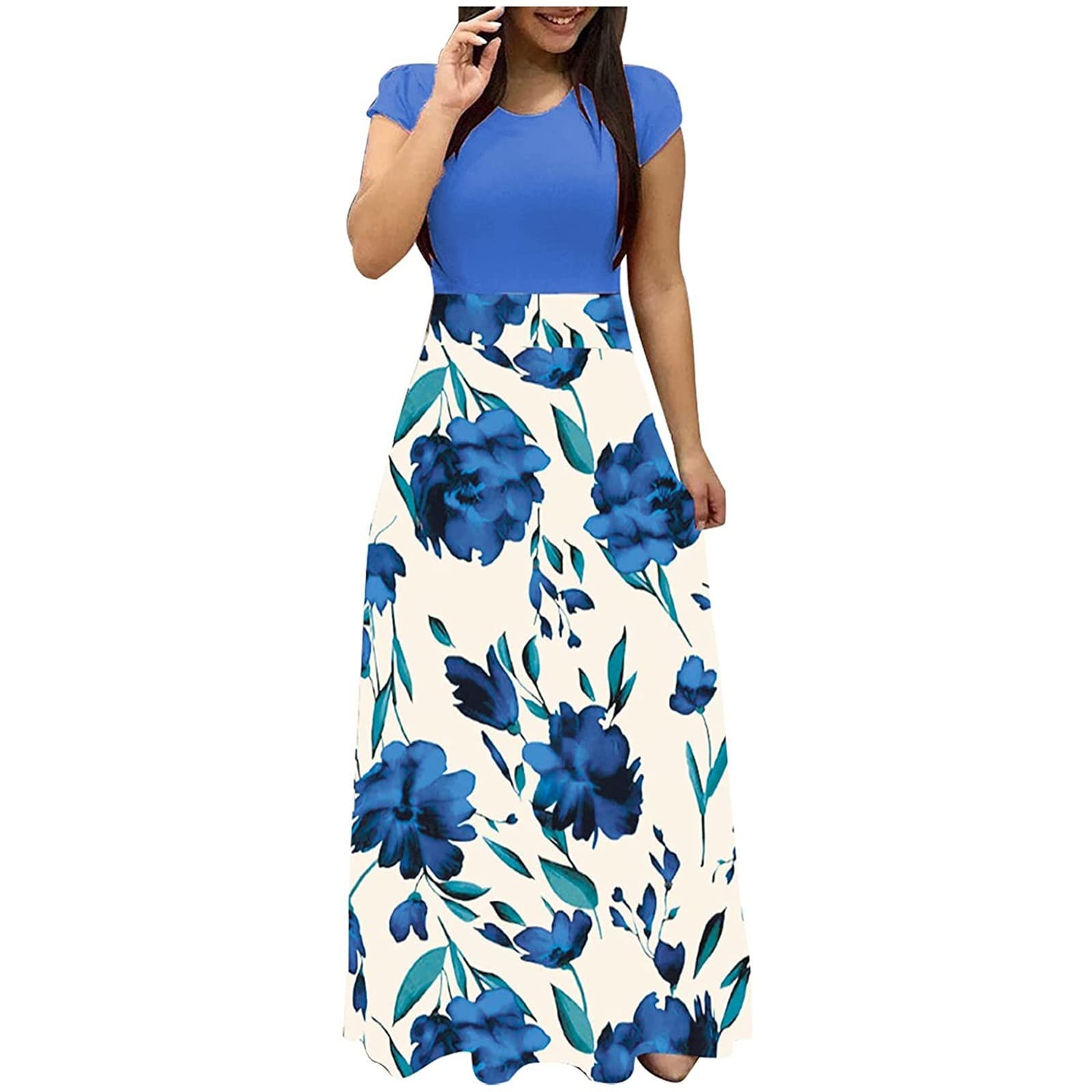 Plus Size Women's Summer Dresses - Short Sleeve Crewneck Boho Floral Print Maxi Dress, Flowy Slim Tunic for Beach, Vacation & Casual Wear