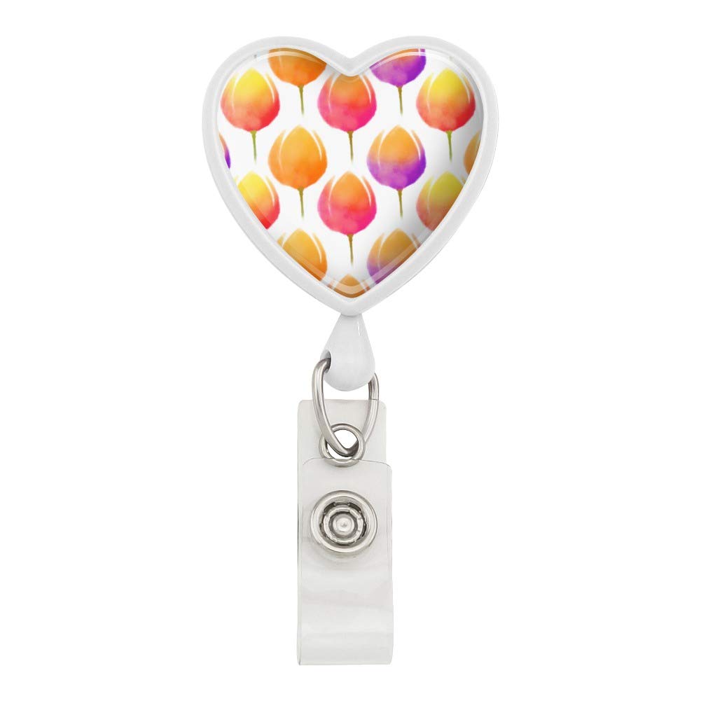 Retractable ID Badge Holder with Watercolor Tulip Heart Design - Perfect for Nurses, Teachers & Office Professionals
