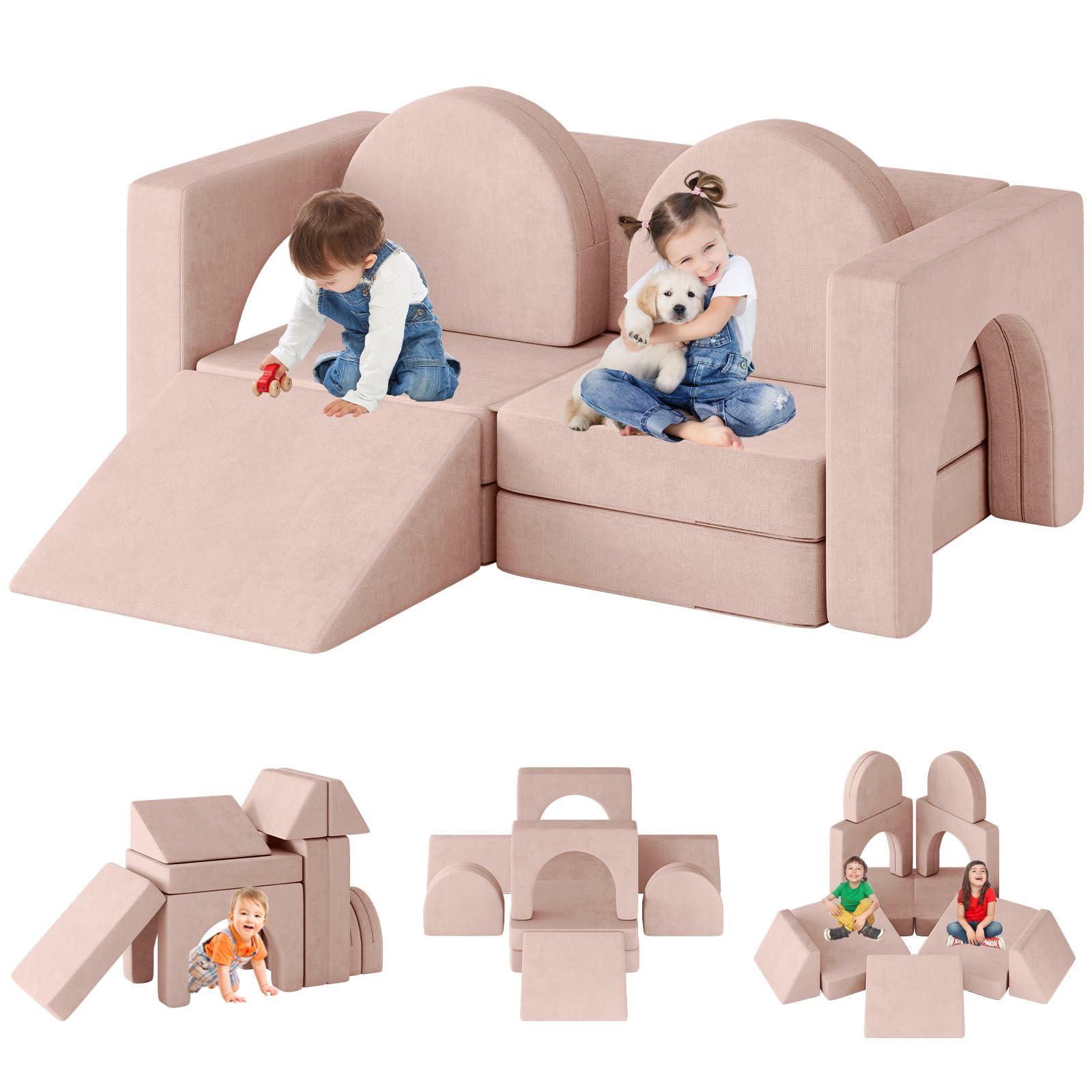 10PCS Modular Kids Play Couch with Climbing Slope - 10-in-1 Convertible Toddler Sofa for Play, Creativity & Nap Time - Soft Indoor Children's Furniture for Boys & Girls (Pink) - Perfect for Playrooms, Bedrooms & Daycare Centers