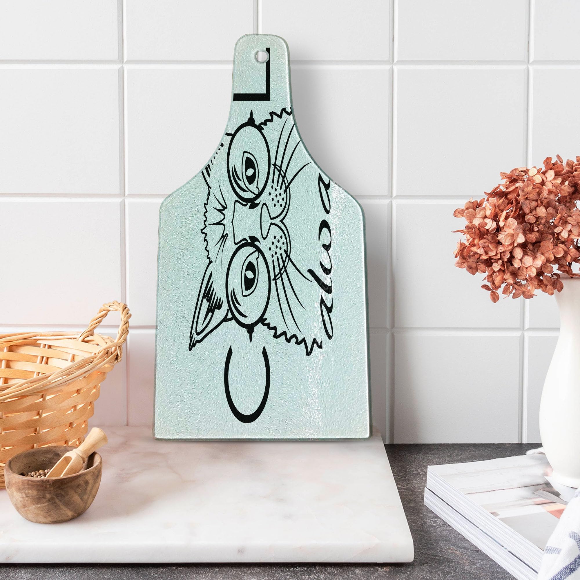 Lunarable Cat-Themed Tempered Glass Cutting Board - Hipster Kitty in Glasses Design, Black & White Wine Bottle Shape for Serving & Decor | Perfect for Kitchen, Dining, and Gift Giving