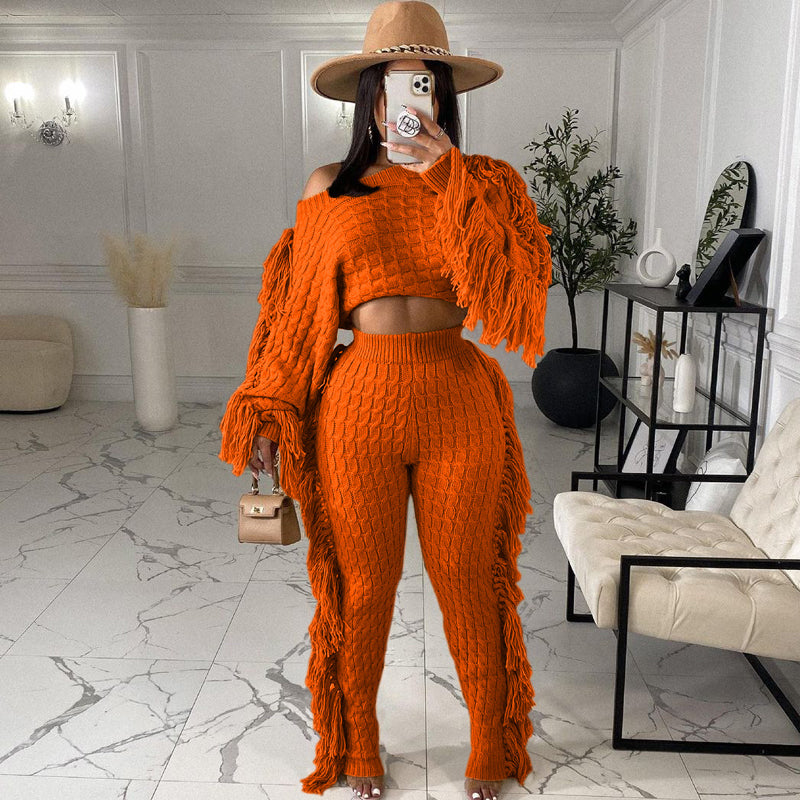 Solid Color Knitted Long Sleeve Fringe Suit - Women's Elegant Loungewear for Home, Office & Special Occasions