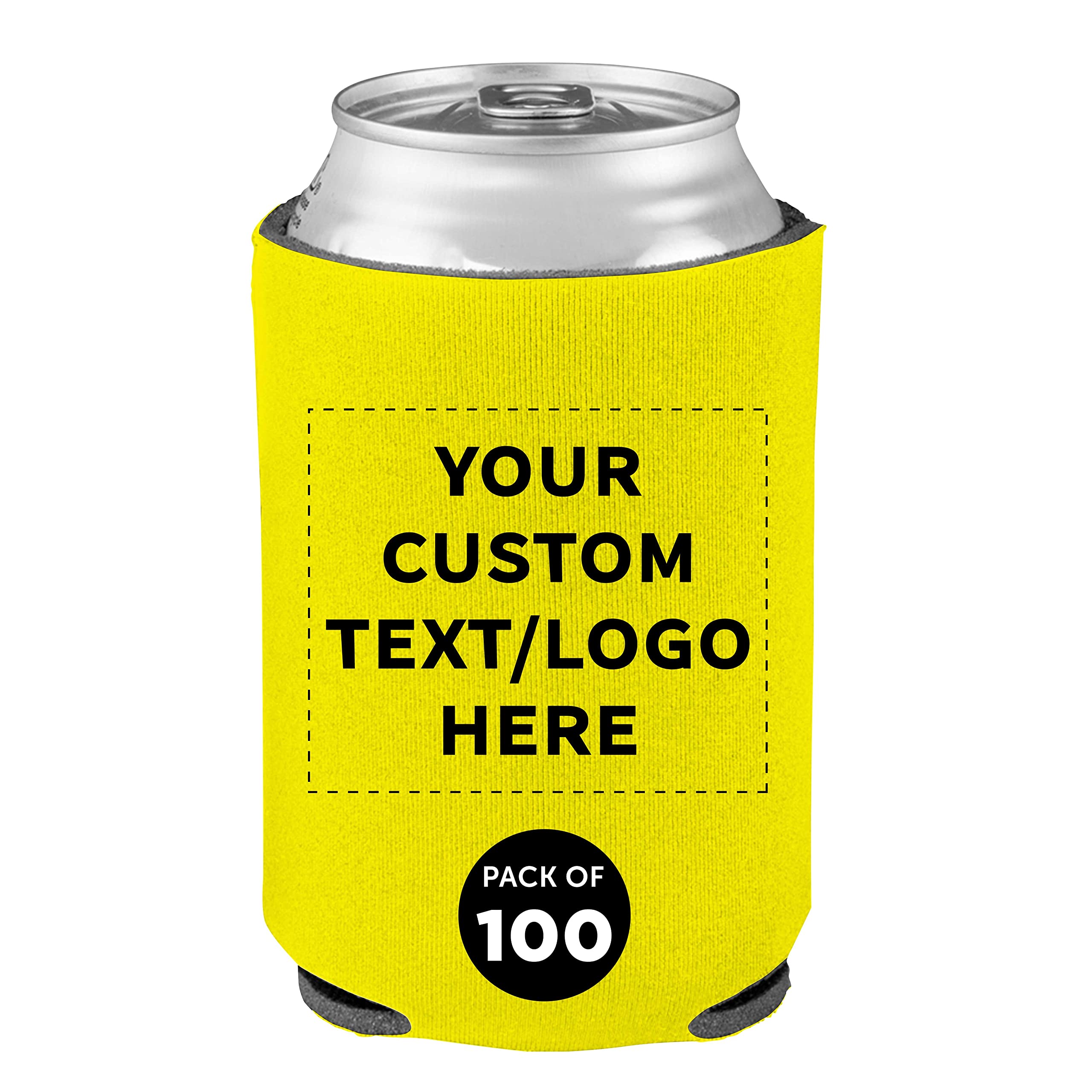 Custom Collapsible Beer Can Coolers 4mm - Bulk Pack of 100 Personalized Insulated Sleeves for Beer, Soda & Beverages - Yellow | Perfect for Parties, BBQs, Tailgating & Outdoor Events