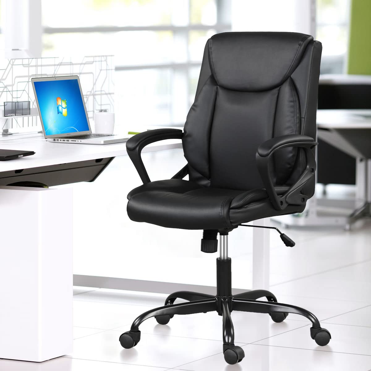 Ergonomic Office Chair with Mid Back & Lumbar Support - Big & Tall Computer Desk Chair for 250 lbs - Wide PU Leather Seat with Rolling Wheels - Perfect for Home Office, Gaming & Workspaces (Black)