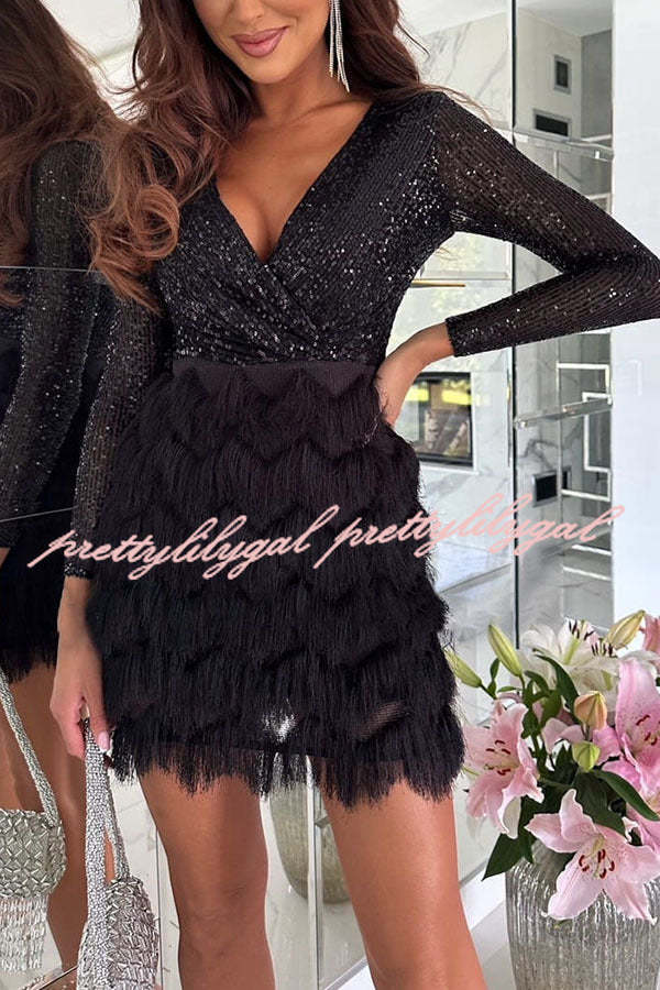 Sparkling Sequin Patchwork Tiered Fringe Mini Dress for Women | Sexy Club & Party Outfit | Perfect for Nightlife, Dancing, and Special Occasions