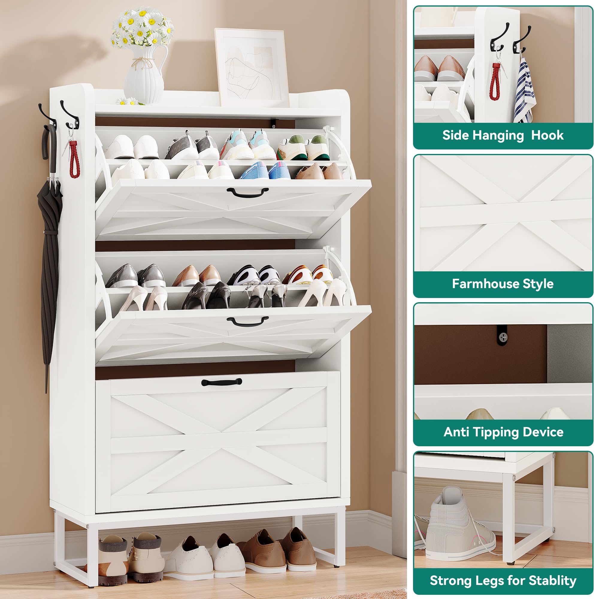 YITAHOME 24-Pair Farmhouse Shoe Storage Cabinet with 3 Flip Drawers - Slim Narrow Shoe Rack Organizer for Hallway, Entryway, Living Room - Perfect for Small Spaces & Home Organization (White)