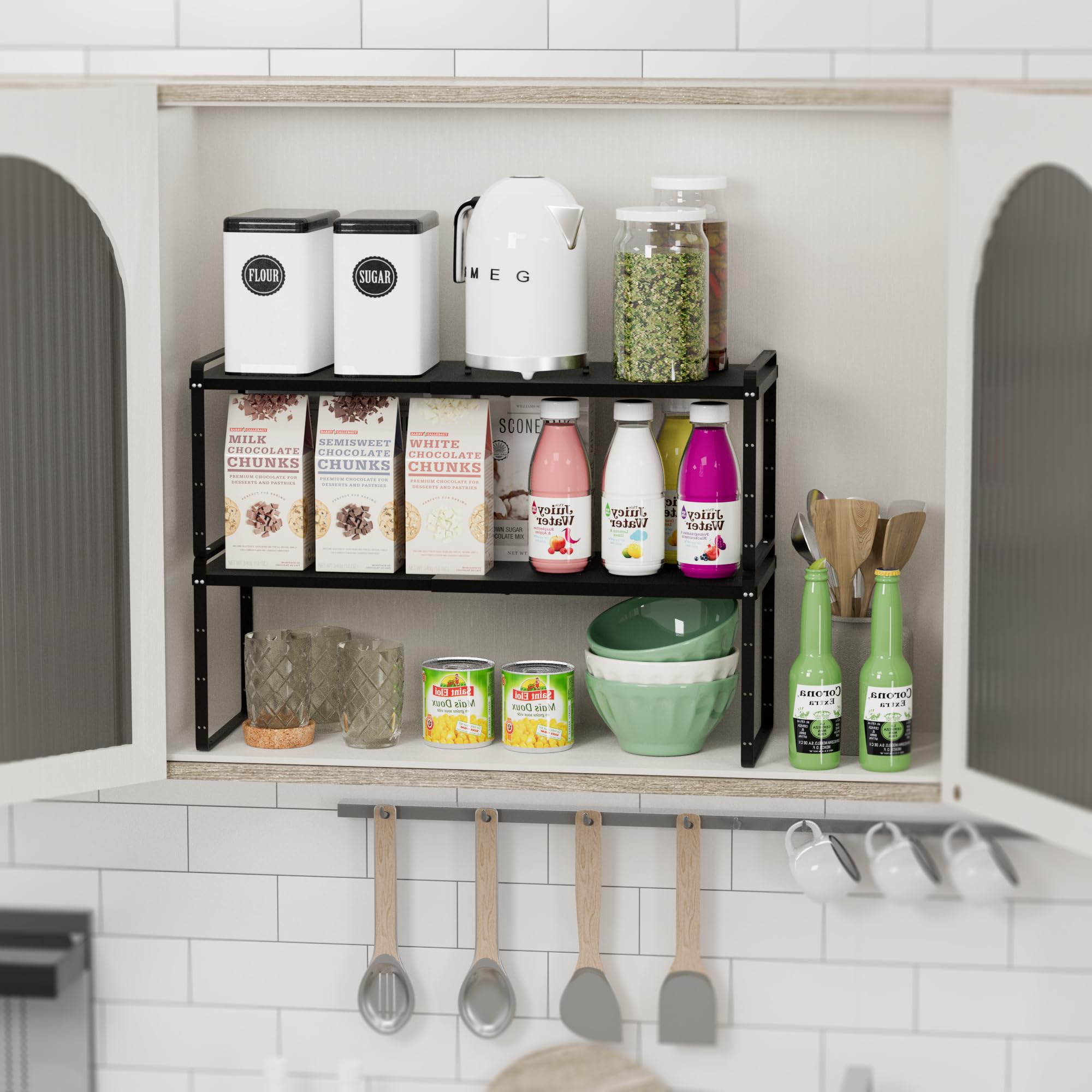 SANNO Expandable Kitchen Shelf Organizer - Stackable Counter & Cupboard Organizer Rack (3 Pack, Black) - Perfect for Pantry, Spice Storage & Small Appliance Organization