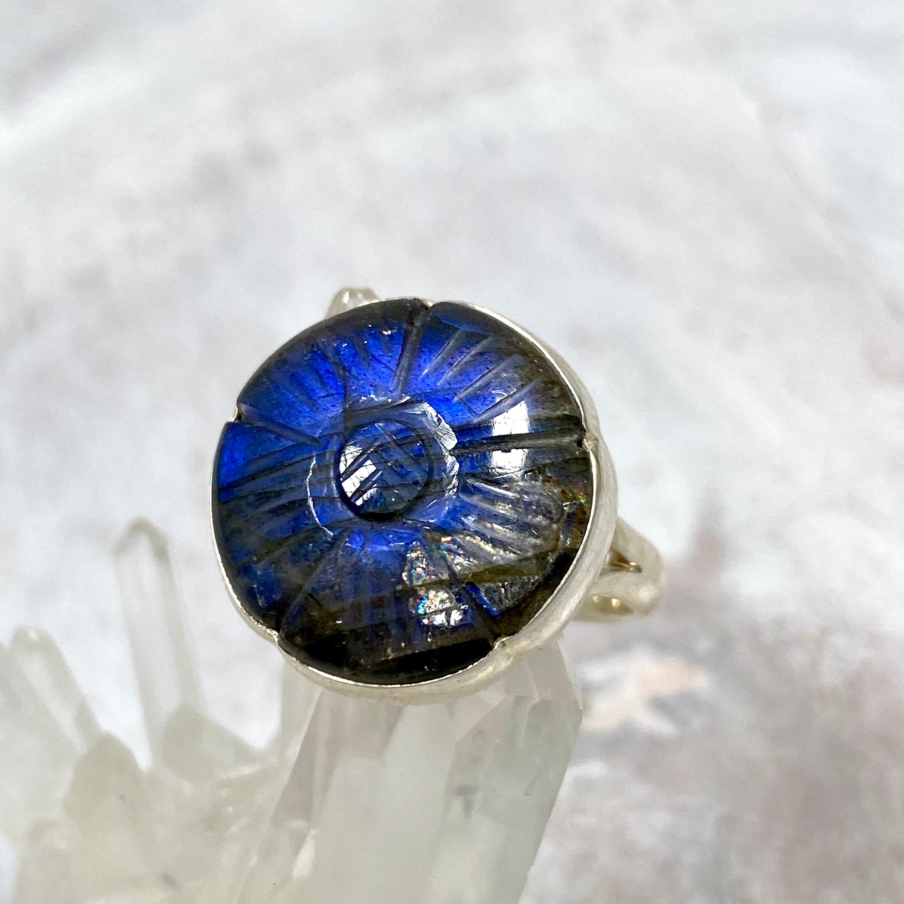 Labradorite Flower Cabochon Ring with Split Band - Sterling Silver Gemstone Jewelry for Women - Perfect for Boho Style, Gift Giving & Special Occasions