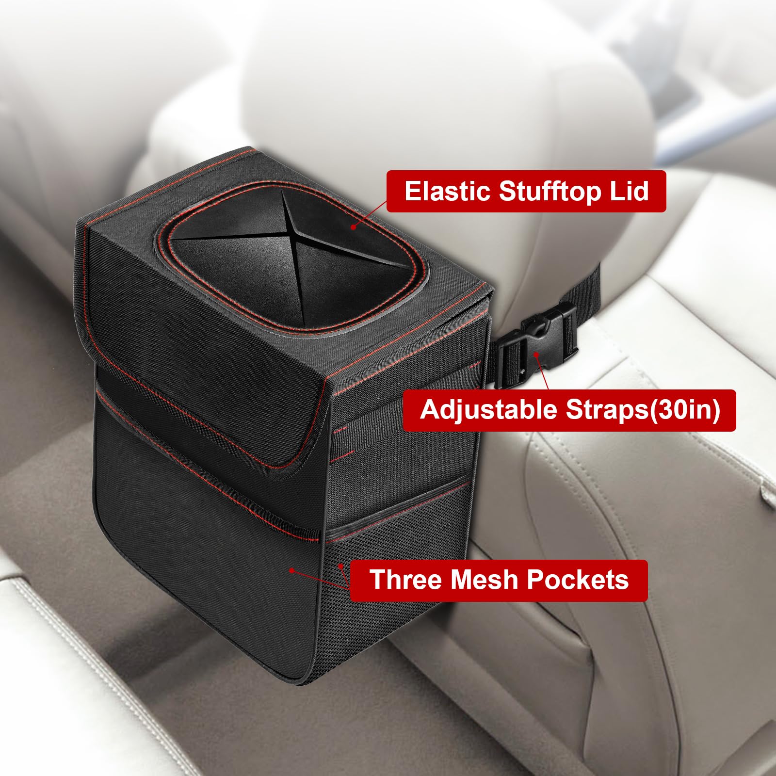 Simple Deluxe 2 Gallon Car Trash Can with Lid - Leak-Proof, Waterproof & Collapsible Car Garbage Bin with Storage Pockets & Adjustable Straps - Portable Vehicle Trash Bag for Road Trips, Camping & Daily Commute - Black