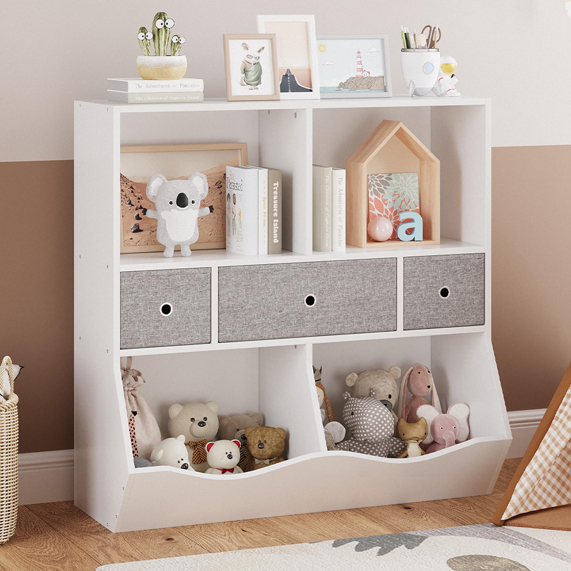 **White Kids Bookshelf & Bookcase with Toy Storage, Multi-Shelf Cubby Organizer, Cabinet & Drawers for Boys & Girls - Perfect for Children's Room, Playroom, Hallway & Bedroom**