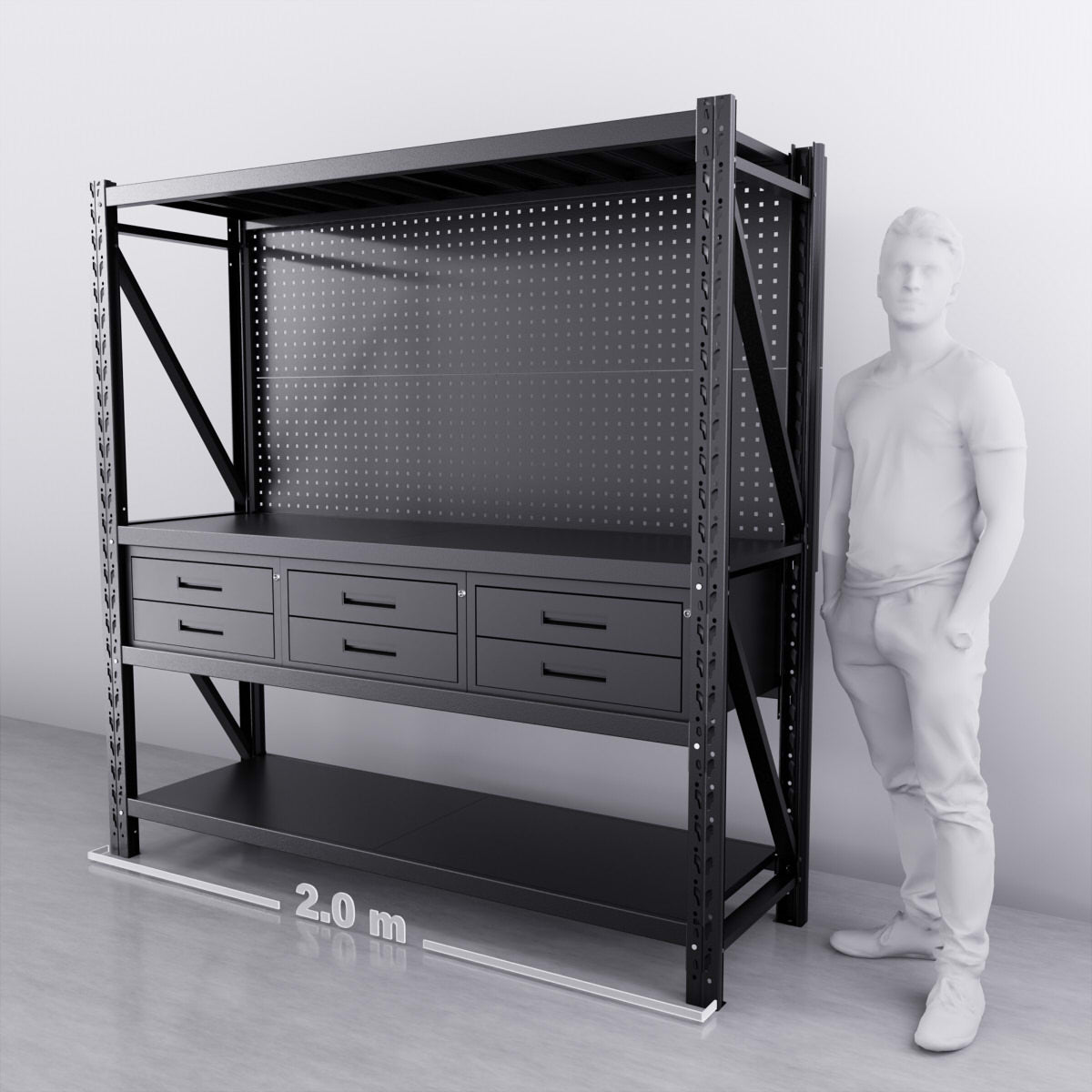 2m (6.5ft) Heavy Duty Steel Pegboard Workbench with 6 Drawers - Perfect for Garage, Workshop, and DIY Projects