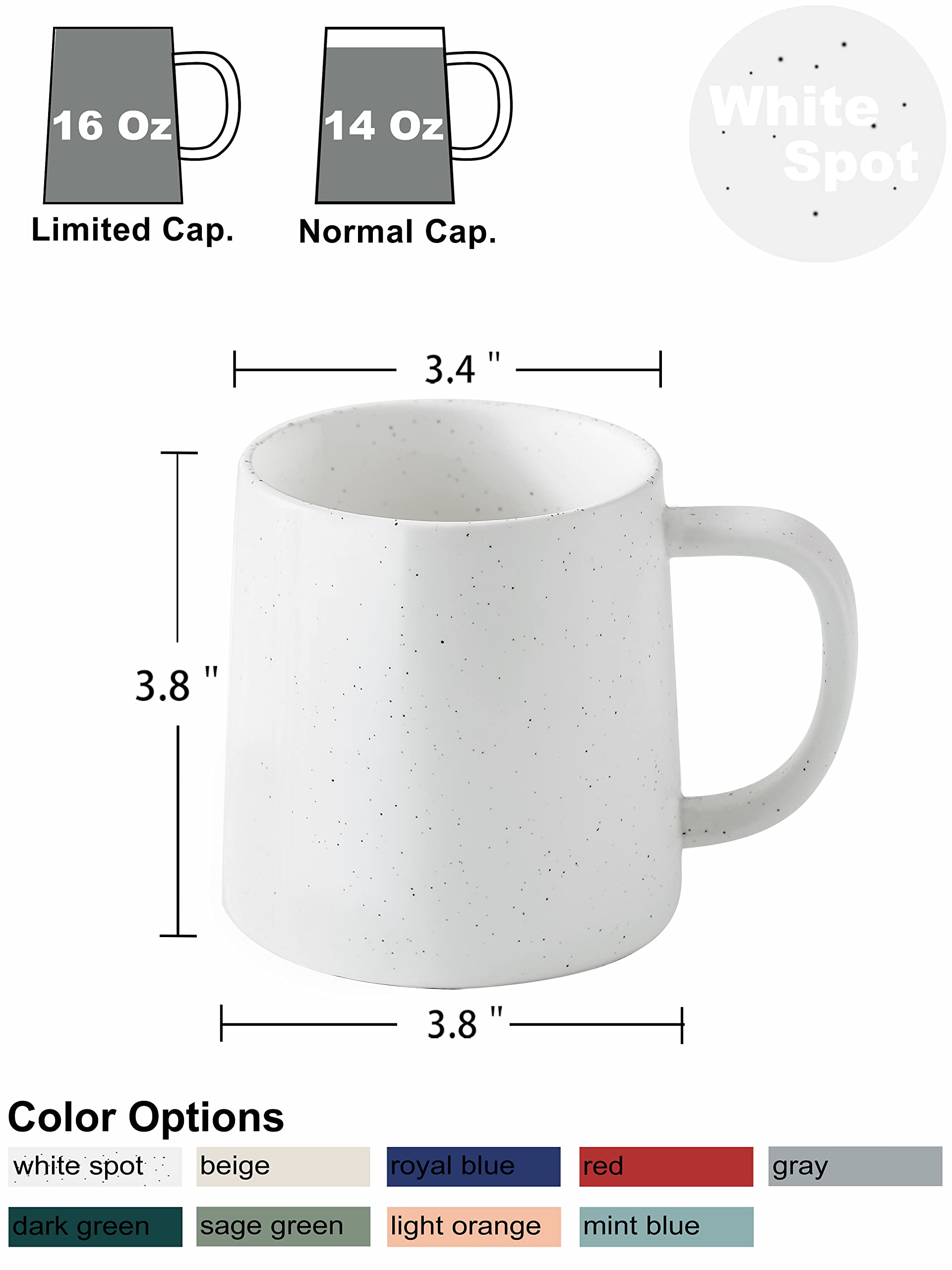 16 Oz Matte White Speckled Ceramic Coffee Mugs - Set of 2, Durable Solid Color Tea & Espresso Cups - Perfect for Home, Office & Gifts